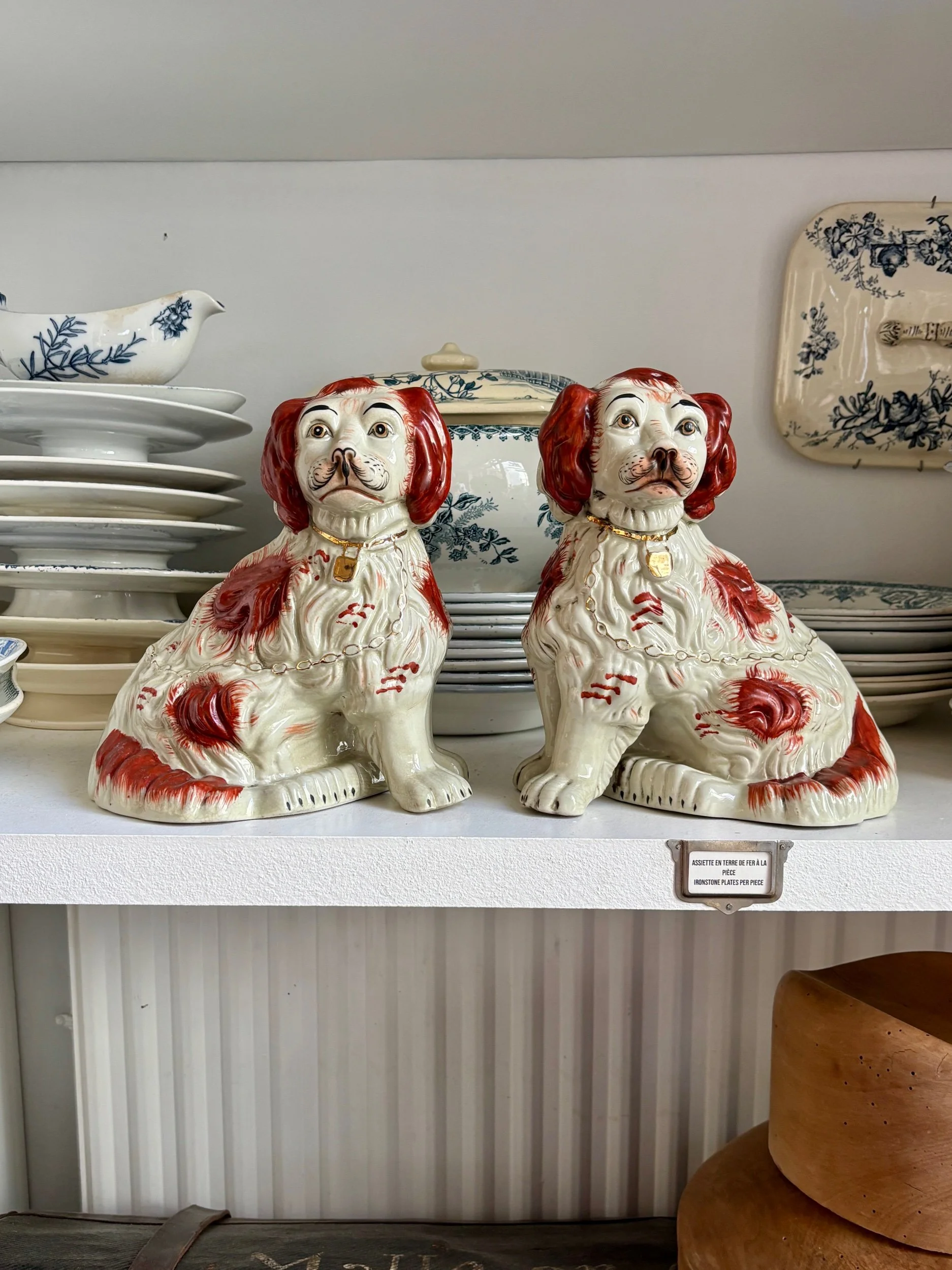 Paire de chiens Cavalier King Charles roux en faïence Staffordshire, XIXème