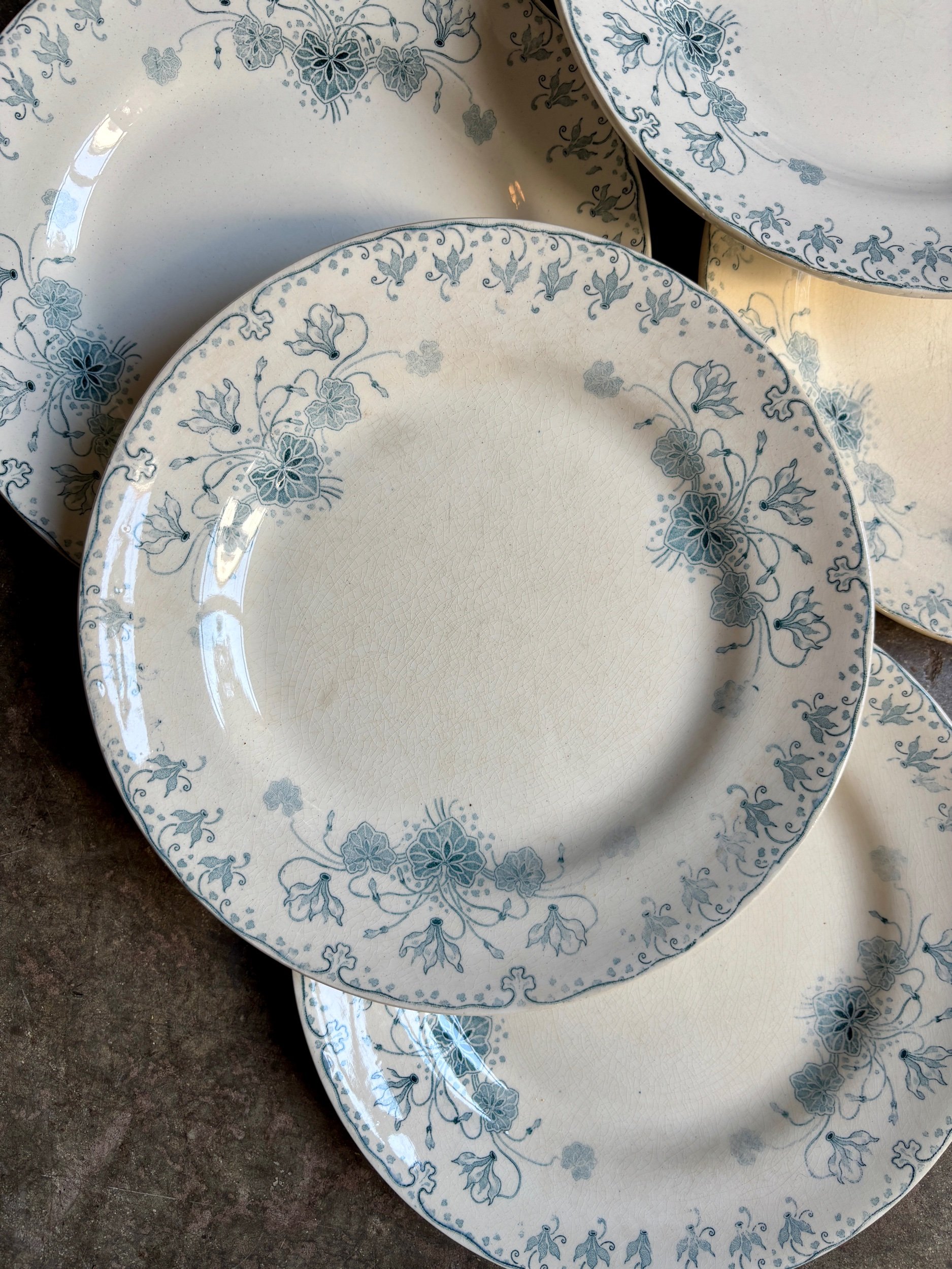 6 assiettes plates H.Boulenger à Choisy-le-Roi en terre de fer, service "Cyclamen"