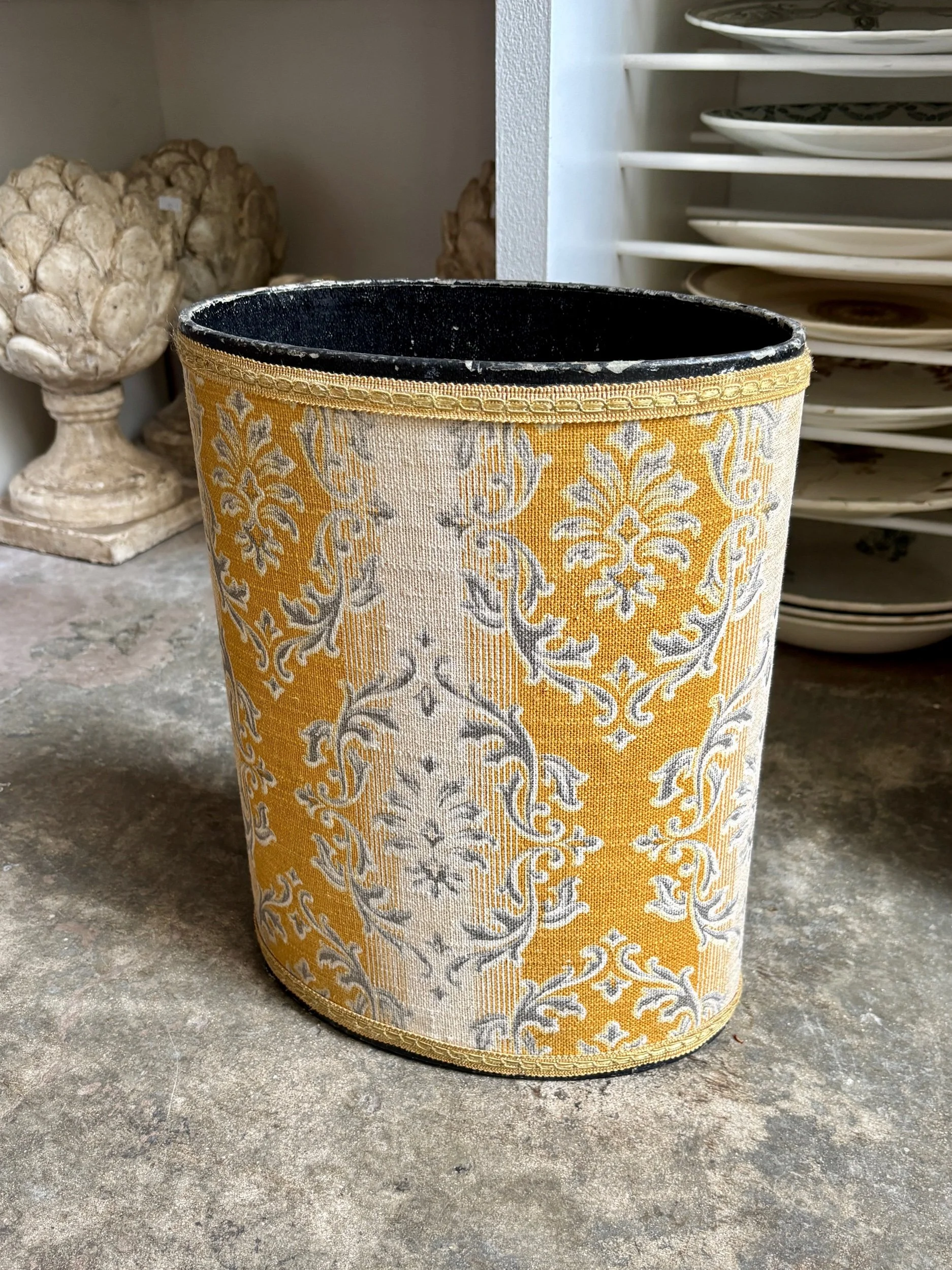 Corbeille à papier ovale en coton tissé ocre et gris