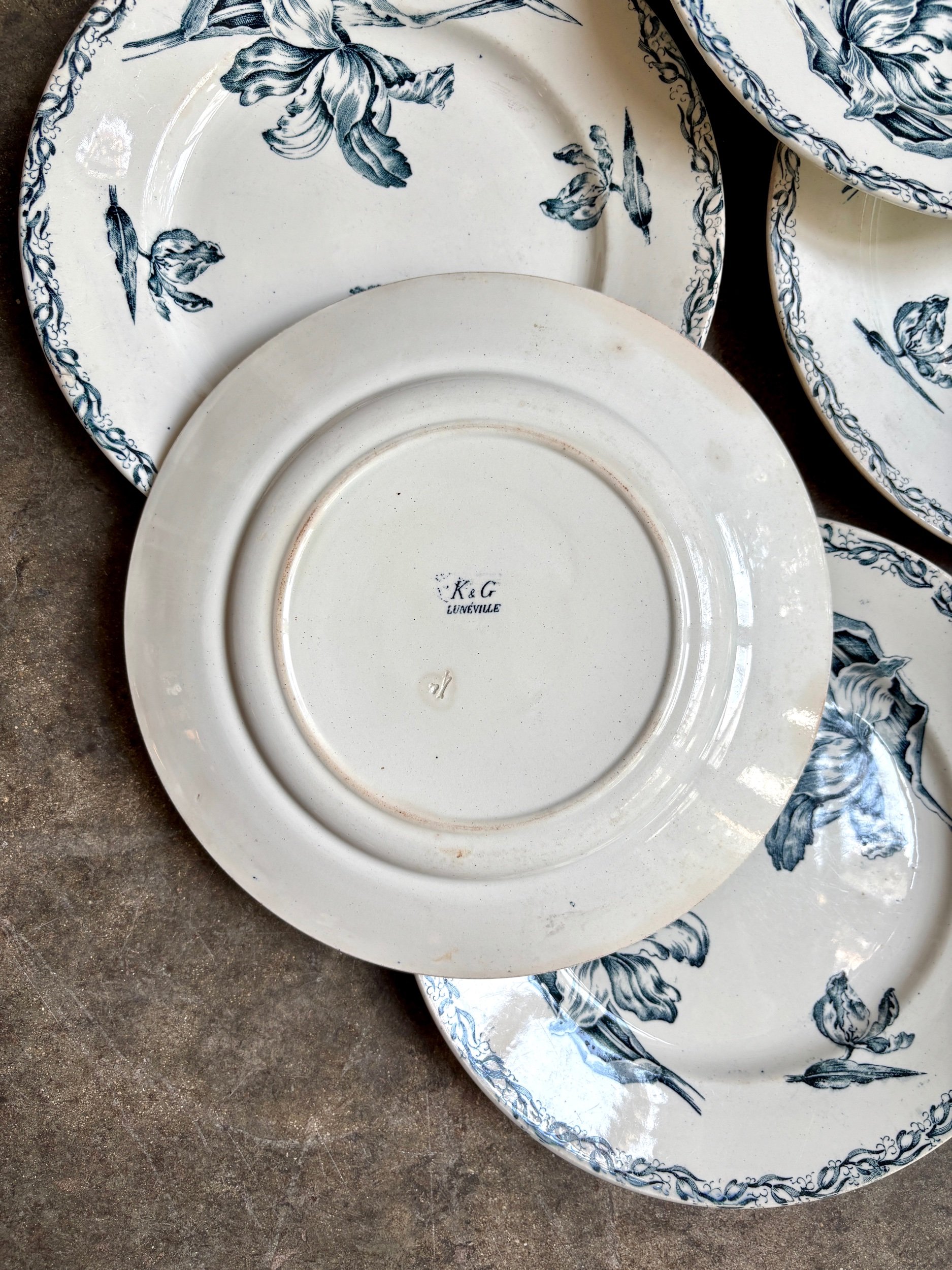 assiettes-plates-luneville-tulipe-terre-fer-bleu-blanc-vaisselle-vintage-axs-design-paris-france
