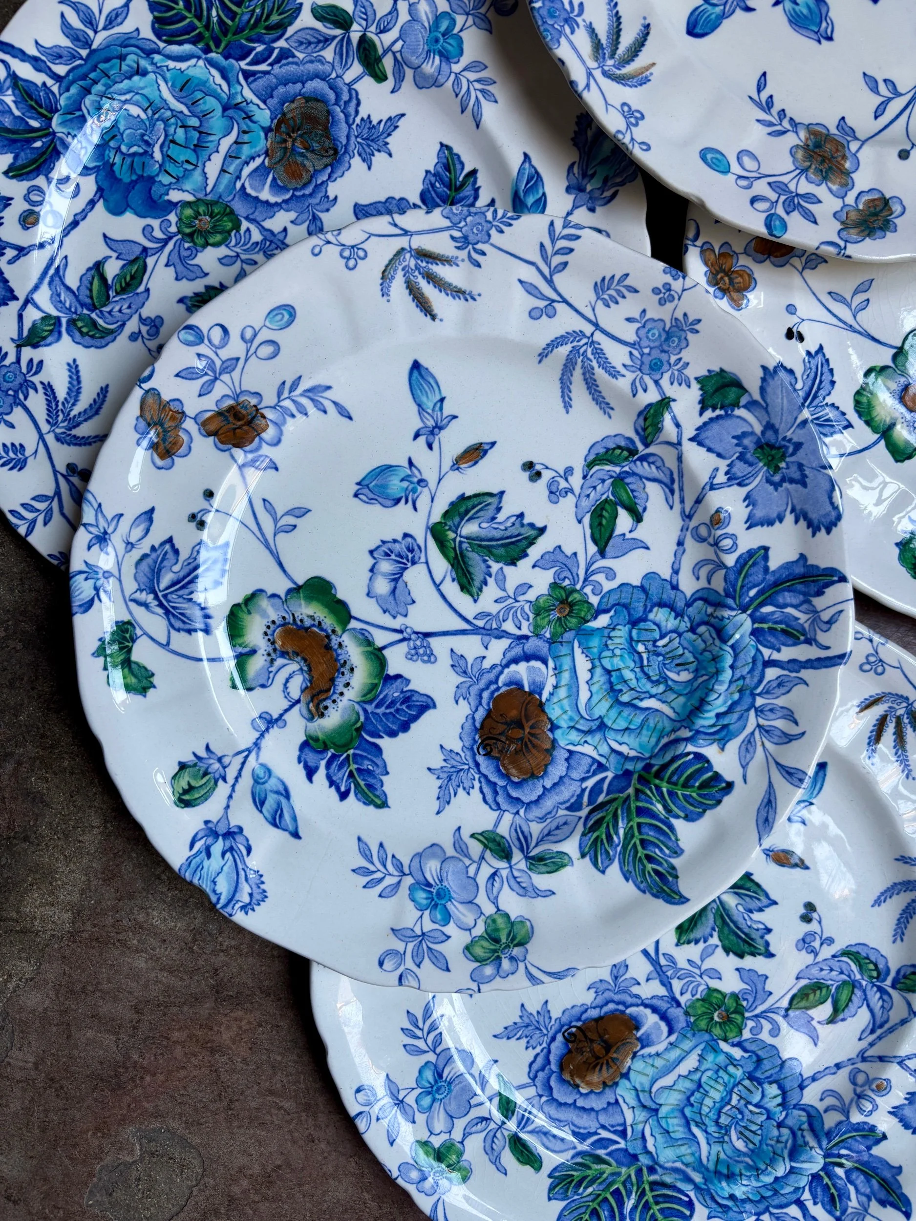 6 assiettes plates Mason's en terre de fer polychrome, service "Belvedere" - début XXème siècle