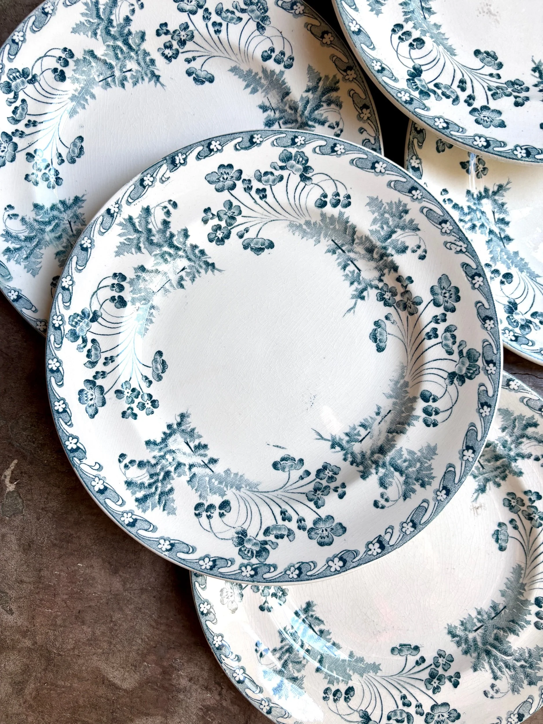 6 assiettes plates Longwy en terre de fer bleue, service "Chartres"