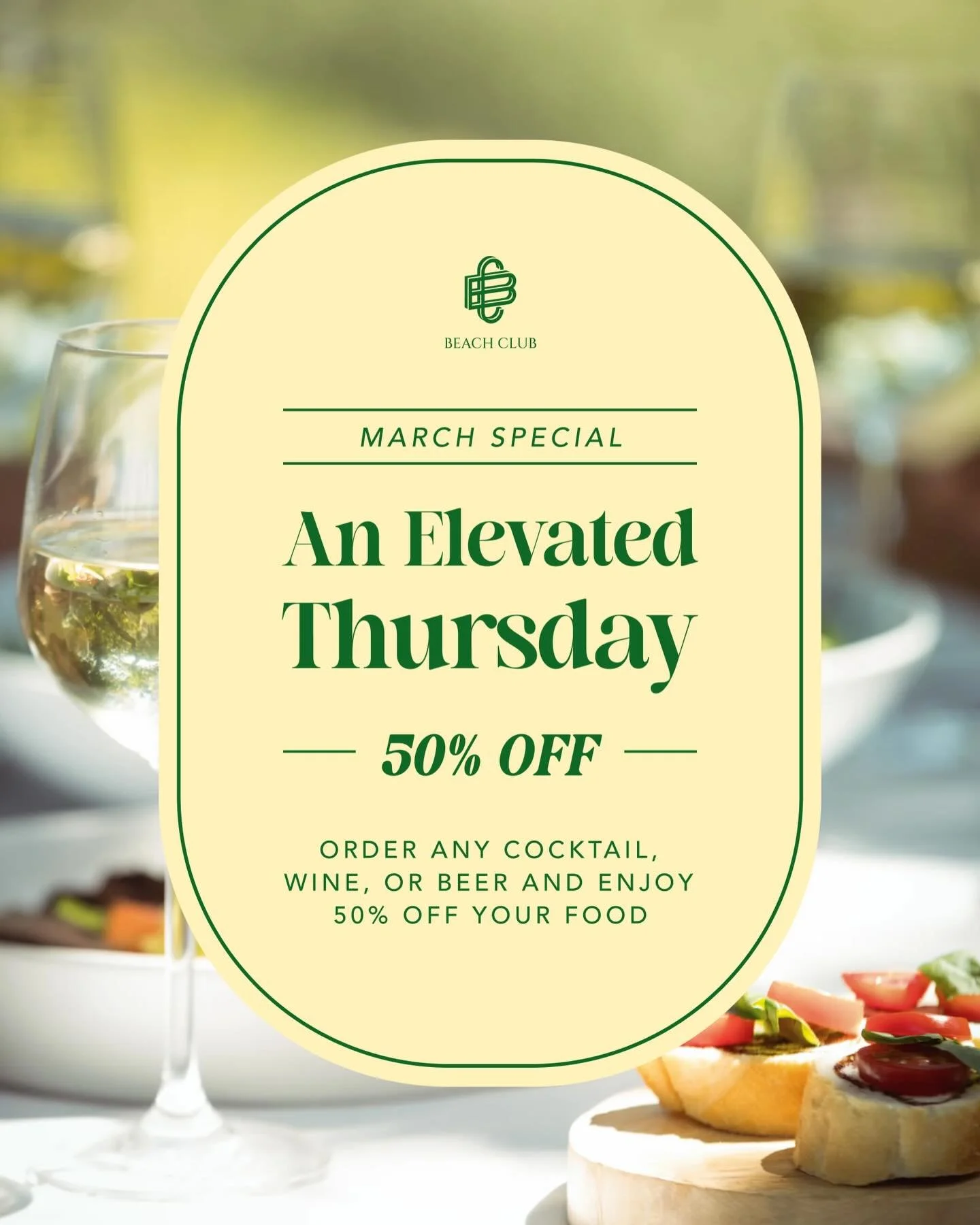MARCH THURSDAYS ALL DAY &amp; NIGHT SPECIAL

Every Thursday in March, from brunch through late dinner, order any drink, wine, beer, or cocktail and enjoy 50% off your food. All day. All night. No catch.

Starts today. Limited time only. 💯

#beachclu