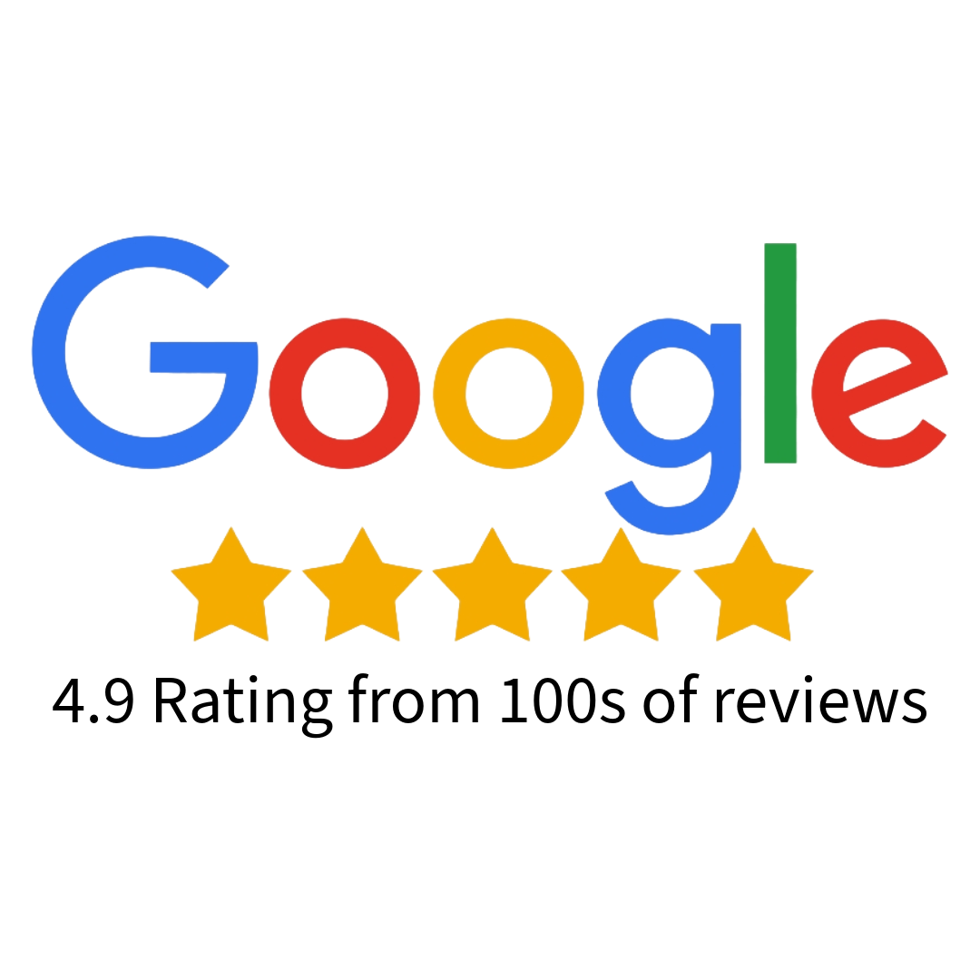 Google logo with give stars and caption 4.9 rating from 100s of reviews for farnworth rose