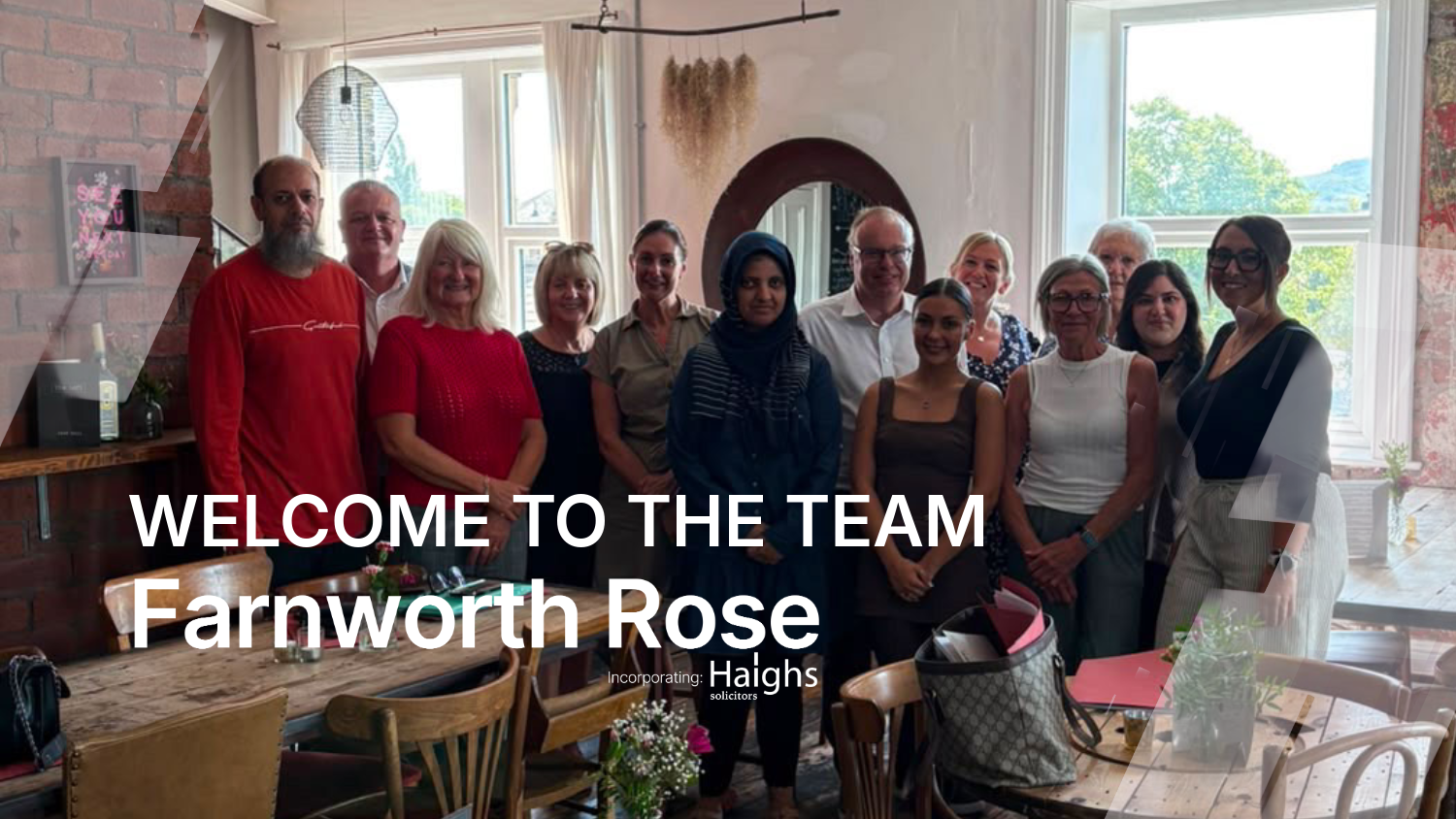 Team of Haighs Solicitors celebrating with new Farnworth Rose colleagues stood together smiling as a mixed group
