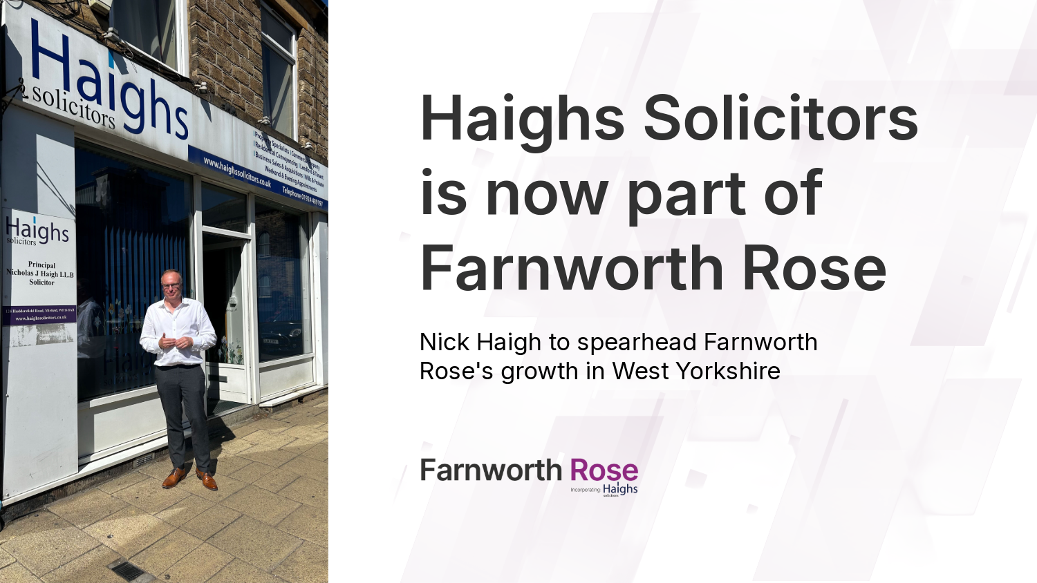 Nick Haigh solicitor in white shirt and black trousers outside solicitors office in Mirfield on the day of joining Farnworth Rose