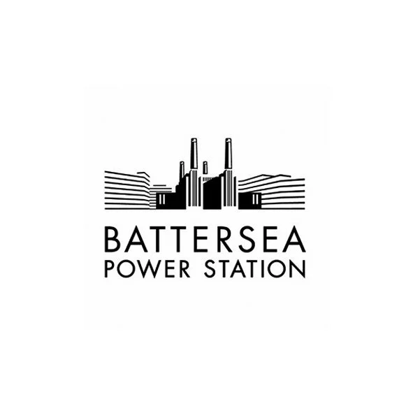 Black and white logo of Battersea Power Station with stylized factory building and chimneys, and the text 'BATTERSEA POWER STATION.'