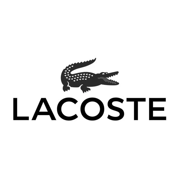 Lacoste logo featuring a black crocodile above the word 'LACOSTE' in bold black letters.