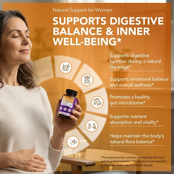 menopause, perimenopause, probiotics, prebiotics, herbal, vegan, hormone, digestion, sleep, energy, vegan