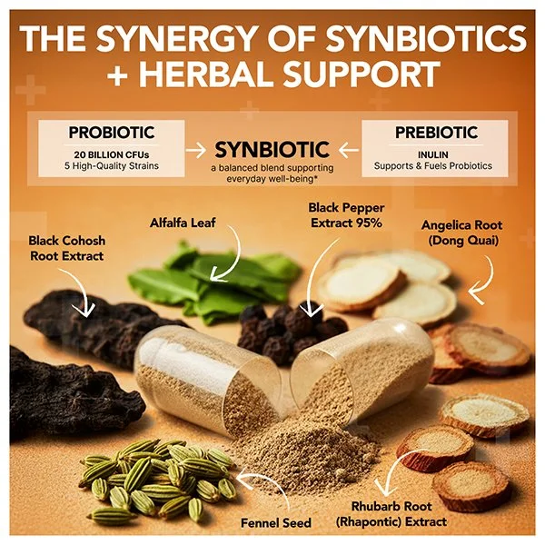 menopause, perimenopause, probiotics, prebiotics, herbal, vegan, hormone, digestion, sleep, energy