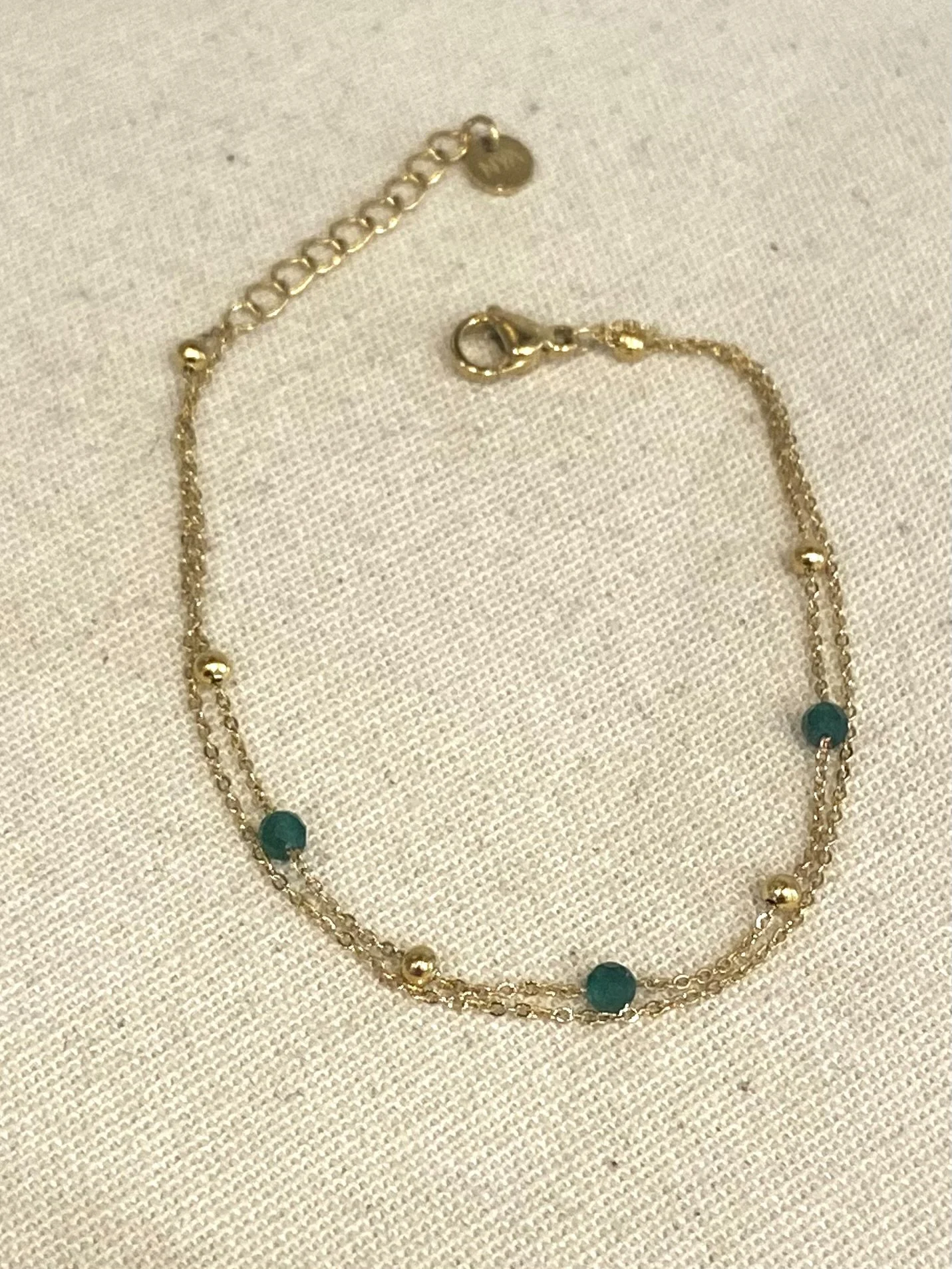 Bracelet 2 rangs pierres agathe verte en acier