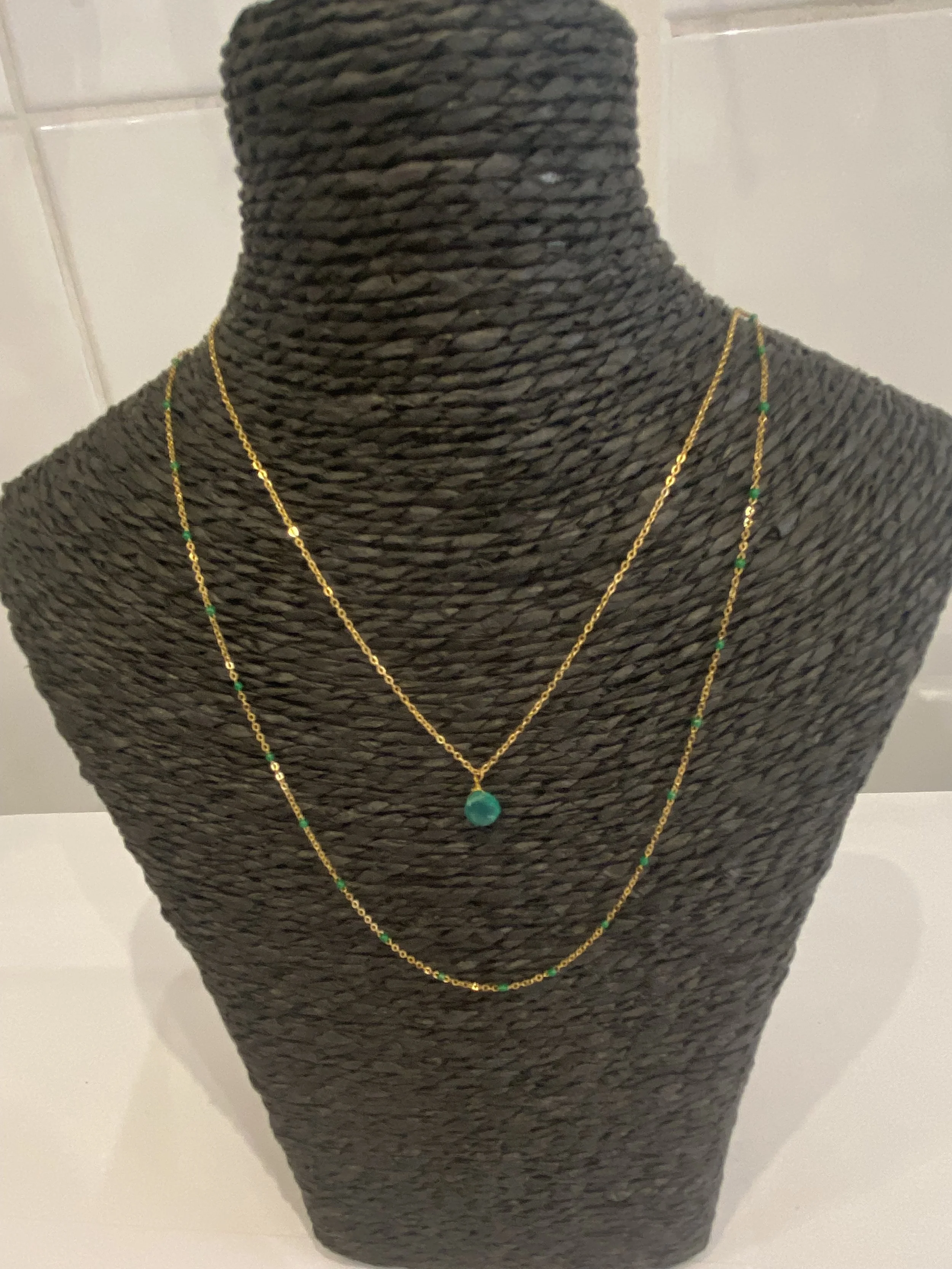 Collier 2 rangs agate verte en acier