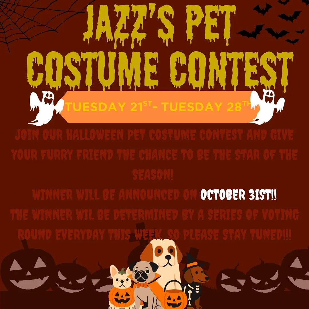 Hello all! Starting tomorrow, our pet costume contest will be starting!! On any day between the 21s-28th, if you bring your pup and their costume, they will be entered into the contest! Voting will take place daily on our stories. There will be a win