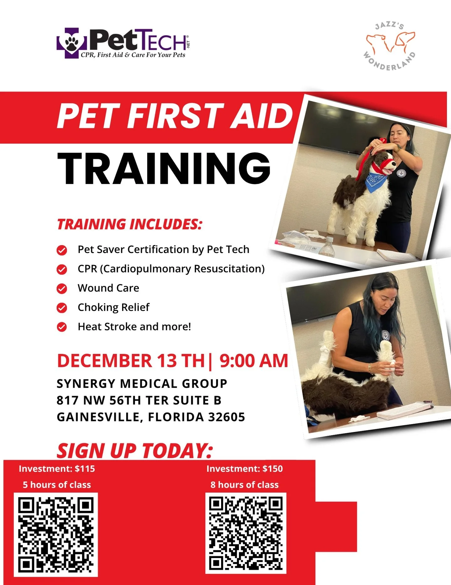 🩺🐾 Pet CPR &amp; First Aid Training &mdash; Saturday, Dec 13! 🐾🩺

Be ready for any &ldquo;what if&rdquo; moment &mdash; join us for our Pet Tech Certified CPR &amp; First Aid Class this December!

📍 Location: Synergy Medical Group (Gainesville)
