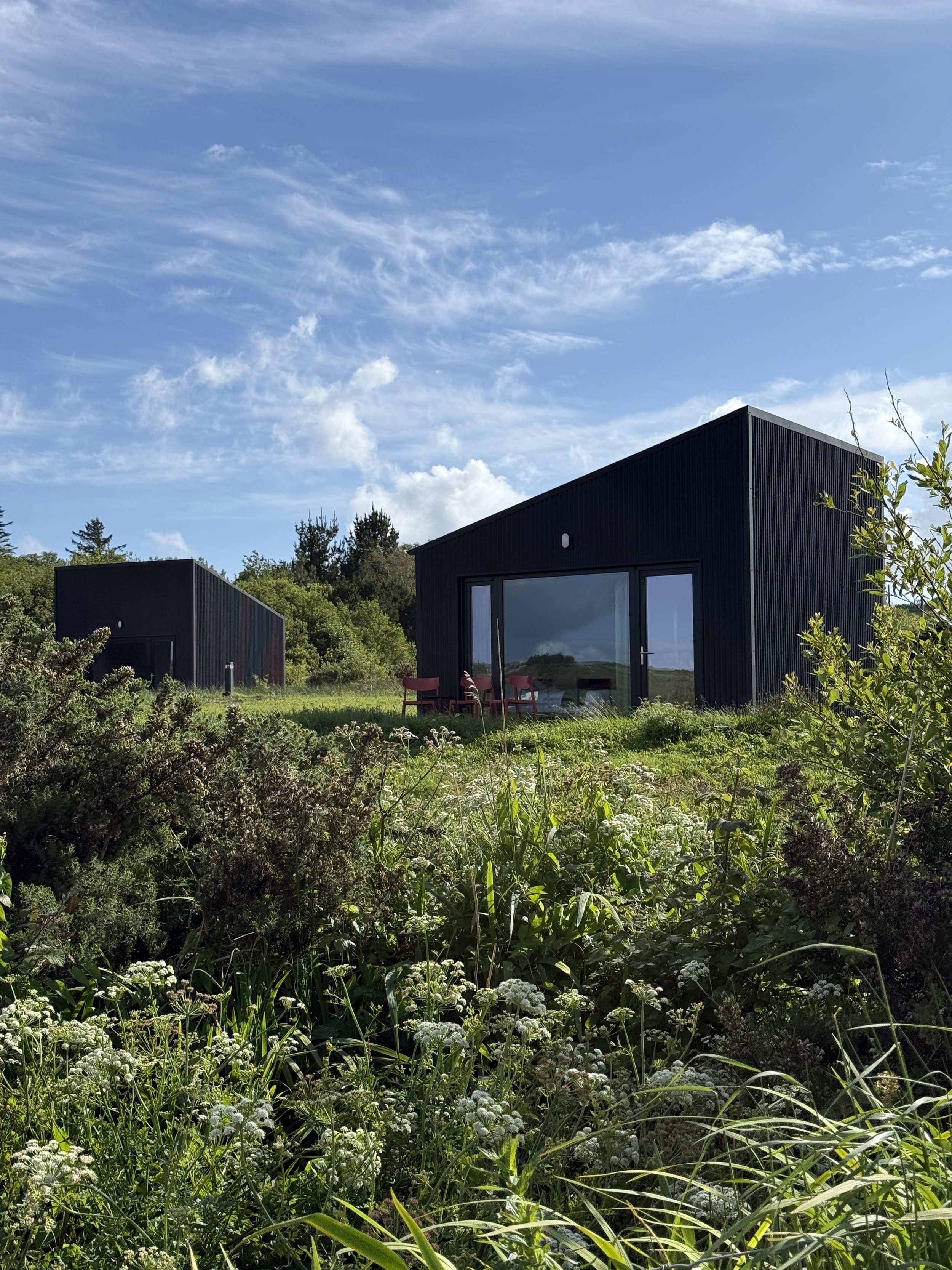 Digital illustration of a new contemporary pod with black exterior walls and large glass facade, viewed from the front.