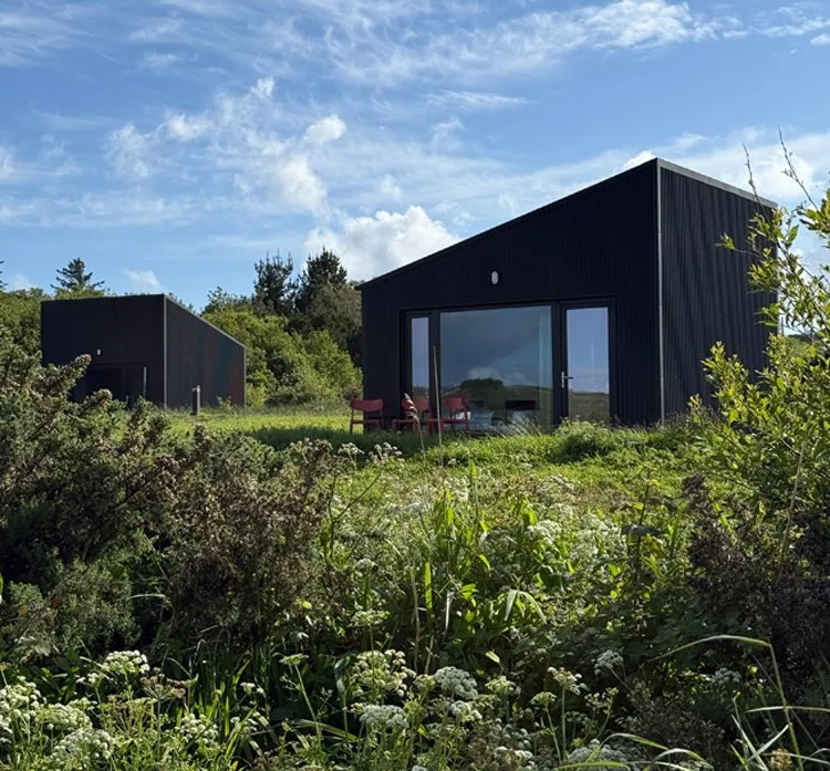 Digital illustration of a new contemporary pod with black exterior walls and large glass facade, viewed from the front.