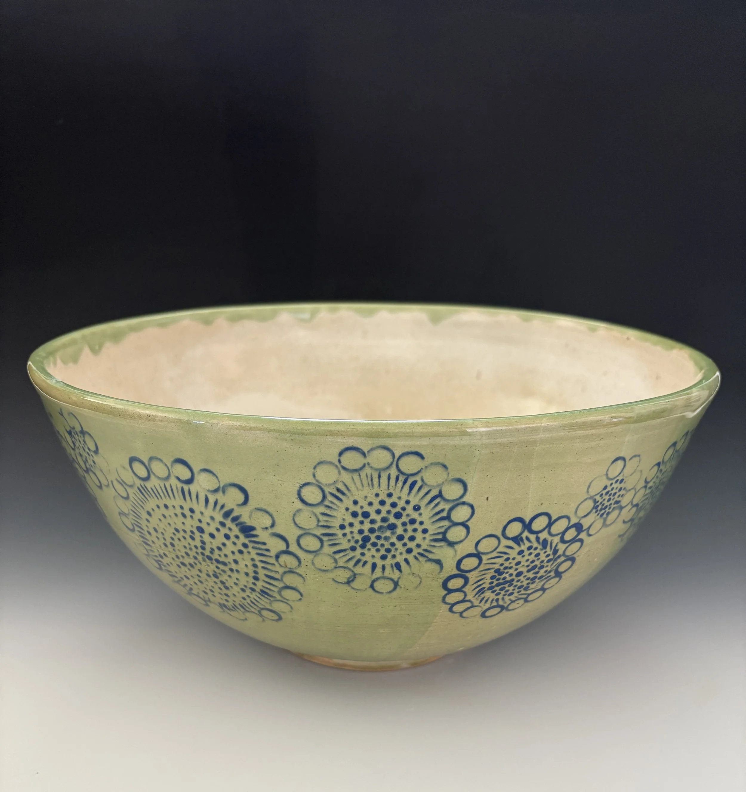 Serving bowl with blue marks; 12" diameter; $150