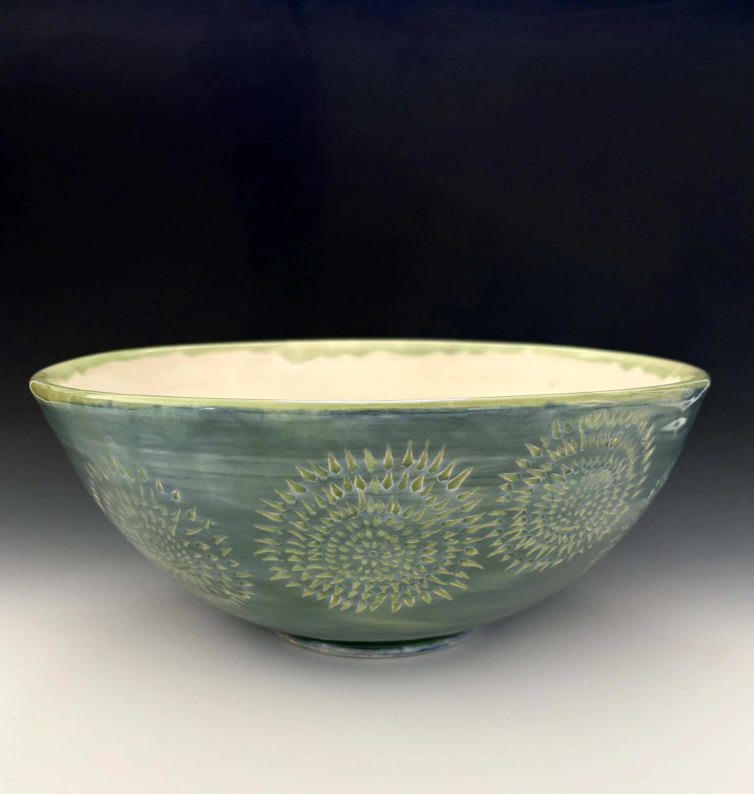 Serving Bowl, blue with carving; 12" diameter; $145