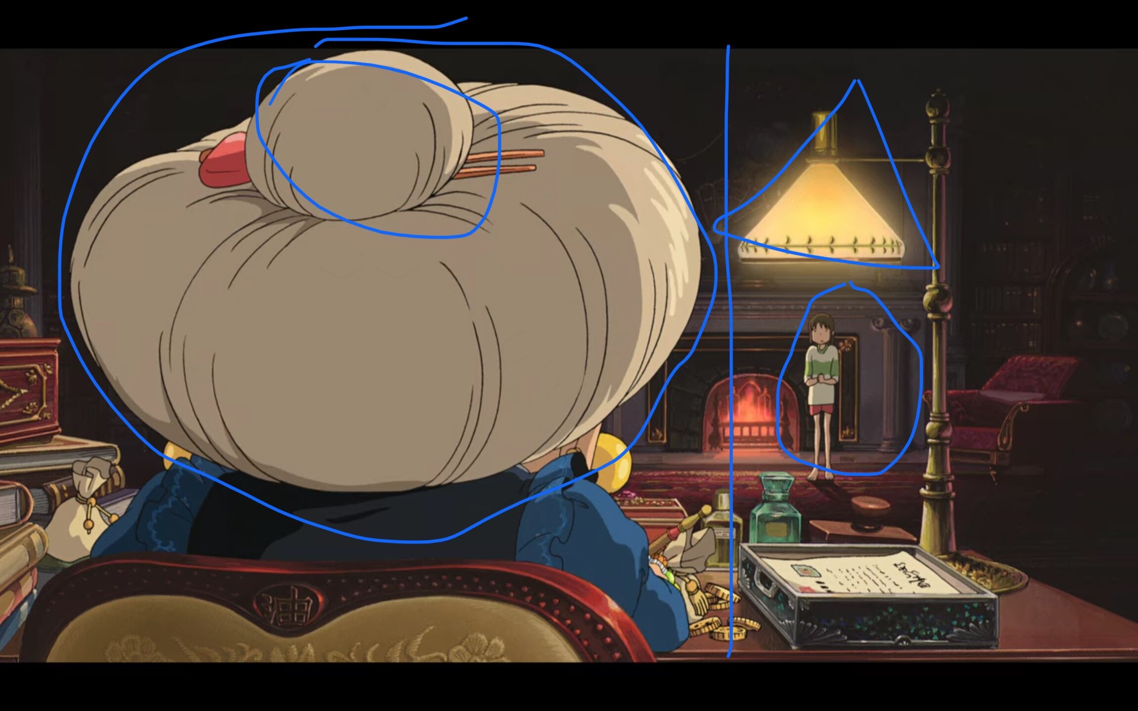  divided frame, great detail and perspective, love how the lamp frames Chihiro’s head 