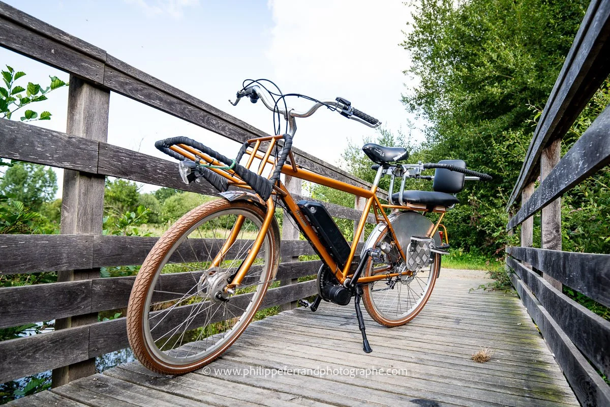 prise de vue d'un vélo électrique sur un petit pont de bois
