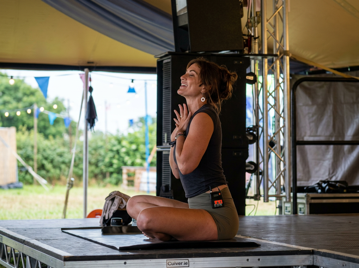 A woman practices yoga on a stage outdoors under a tent, sitting cross-legged, smiling with hands together in prayer pose, surrounded by stage equipment and outdoor decorations.