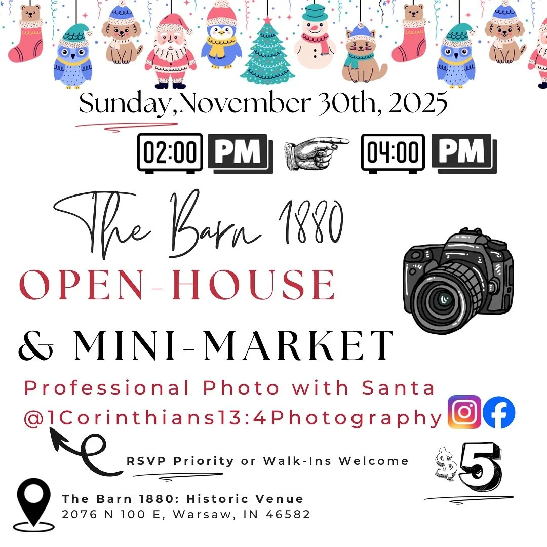 Save the Date!
Join us at The Barn 1880 for our Holiday Open House &mdash; &ldquo;Milk &amp; Cookies with Santa&rdquo; 🎄
Sunday, November 30th | 2&ndash;4 PM

Enjoy an afternoon of family fun:
🍪 Milk &amp; Cookies with Santa
📸 $5 professional Sant