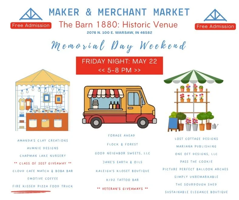 🇺🇸✨ Memorial Day Weekend at The Barn 1880 is shaping up to be one incredible celebration of community, creativity, small business, and summer fun! ✨🇺🇸

Join us for our Maker &amp; Merchant Market all weekend long at The Barn 1880: Historic Venue 