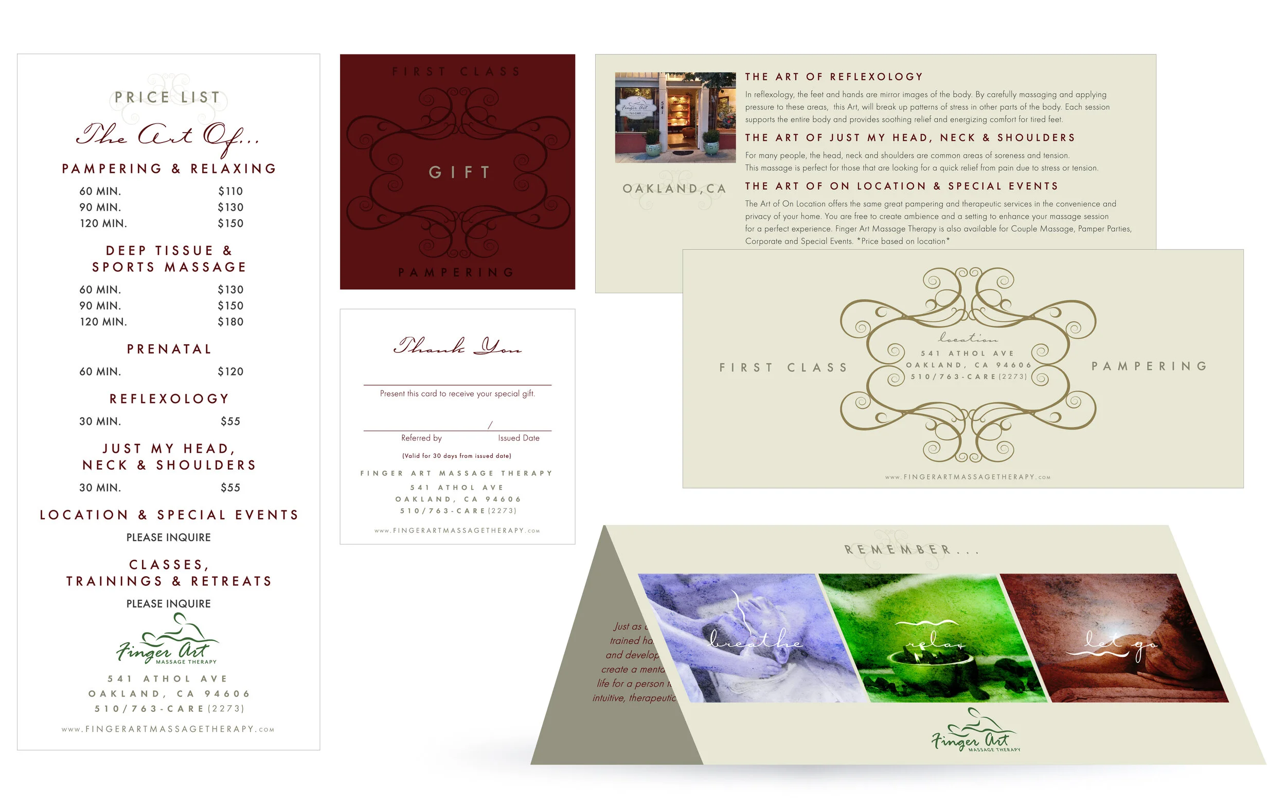 Collateral Design: Price List, Thank You/Gift Cards, 3-Fold Brochure/Signage - Finger Art Massage - Oakland, CA