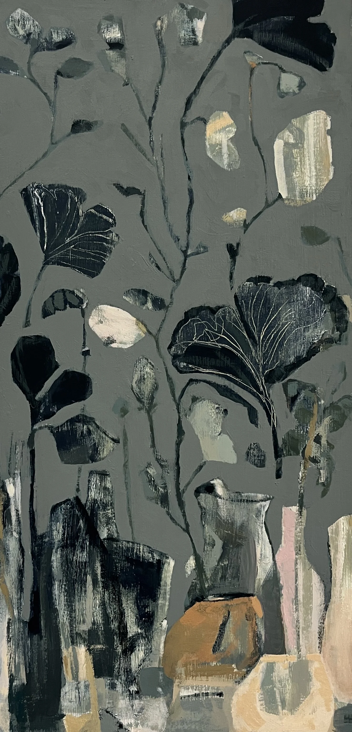 Abstract painting of potted plants with large leaves on a dark background.