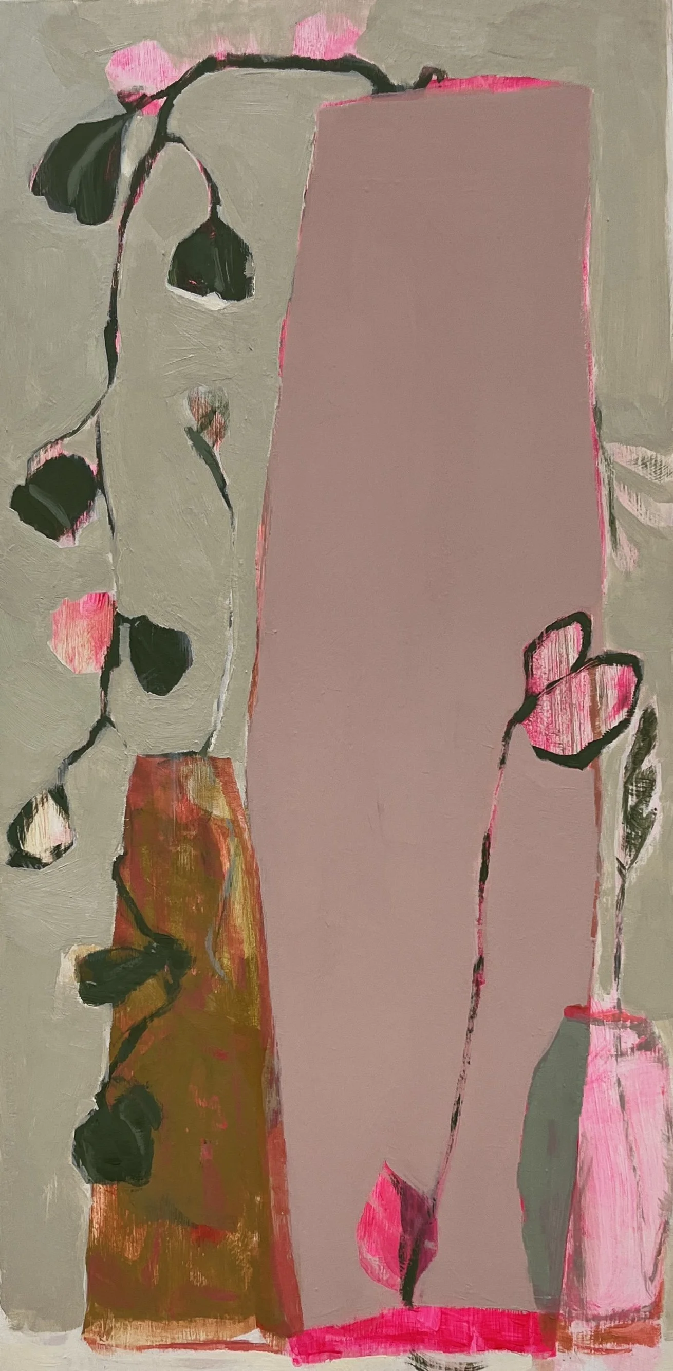 An abstract painting with a large pink rectangle occupying most of the right side and floral elements on the left. The background is a neutral beige, with black and pink accents.