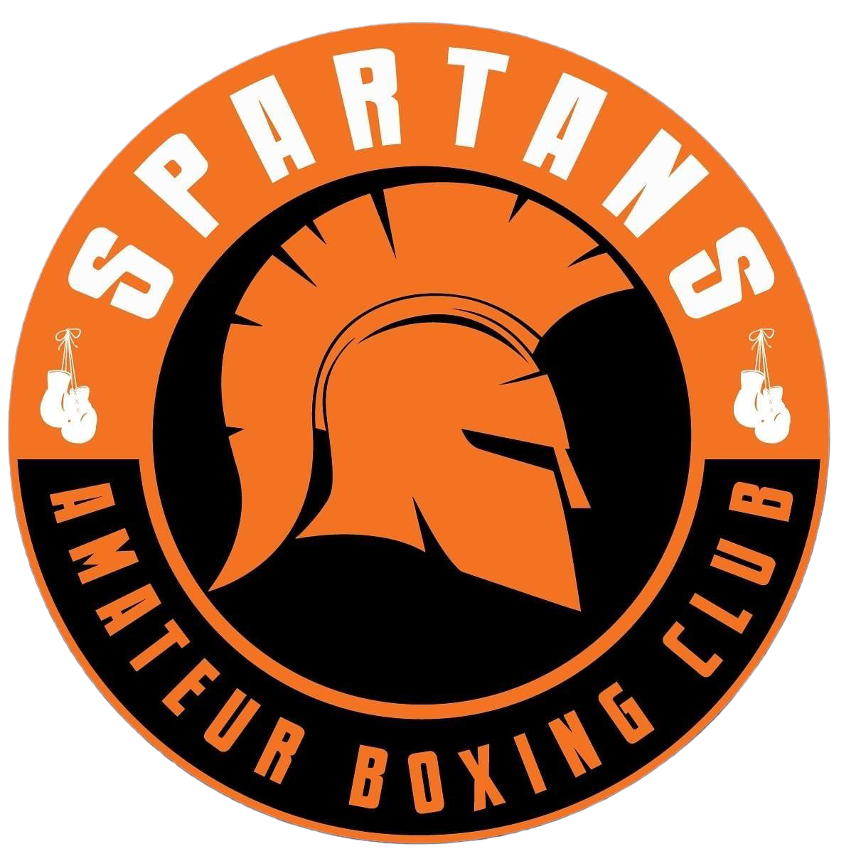 Logo of the Spartan's Amateur Boxing Club, featuring an orange Spartan helmet in the center, with the club name around the circle and boxing gloves hanging on either side.