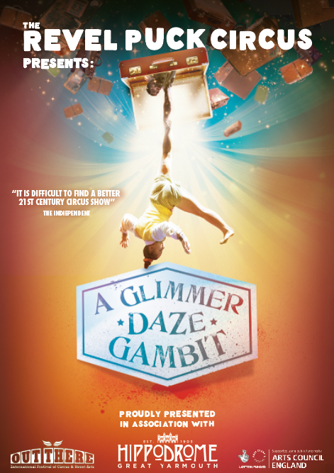 Poster for 'A Glimmer Daze Gambit' circus show at Hippodrome Garden in Yarmouth, featuring an acrobat performing a flip with costumes and props flying around.