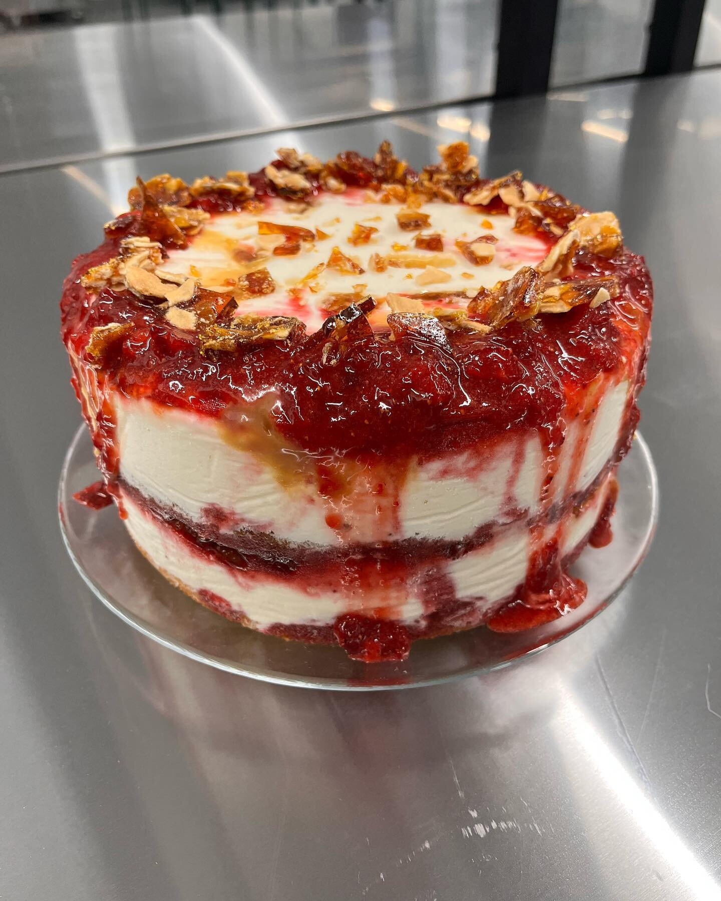 We have two of these beauties available. They are our 8 inch jam cake. Good for 8-12 people. These ones are with a house made local strawberry jam, caramel, waffle cone brittle, vanilla cake and vanilla ice cream. Send us a pm to get em&rsquo;.