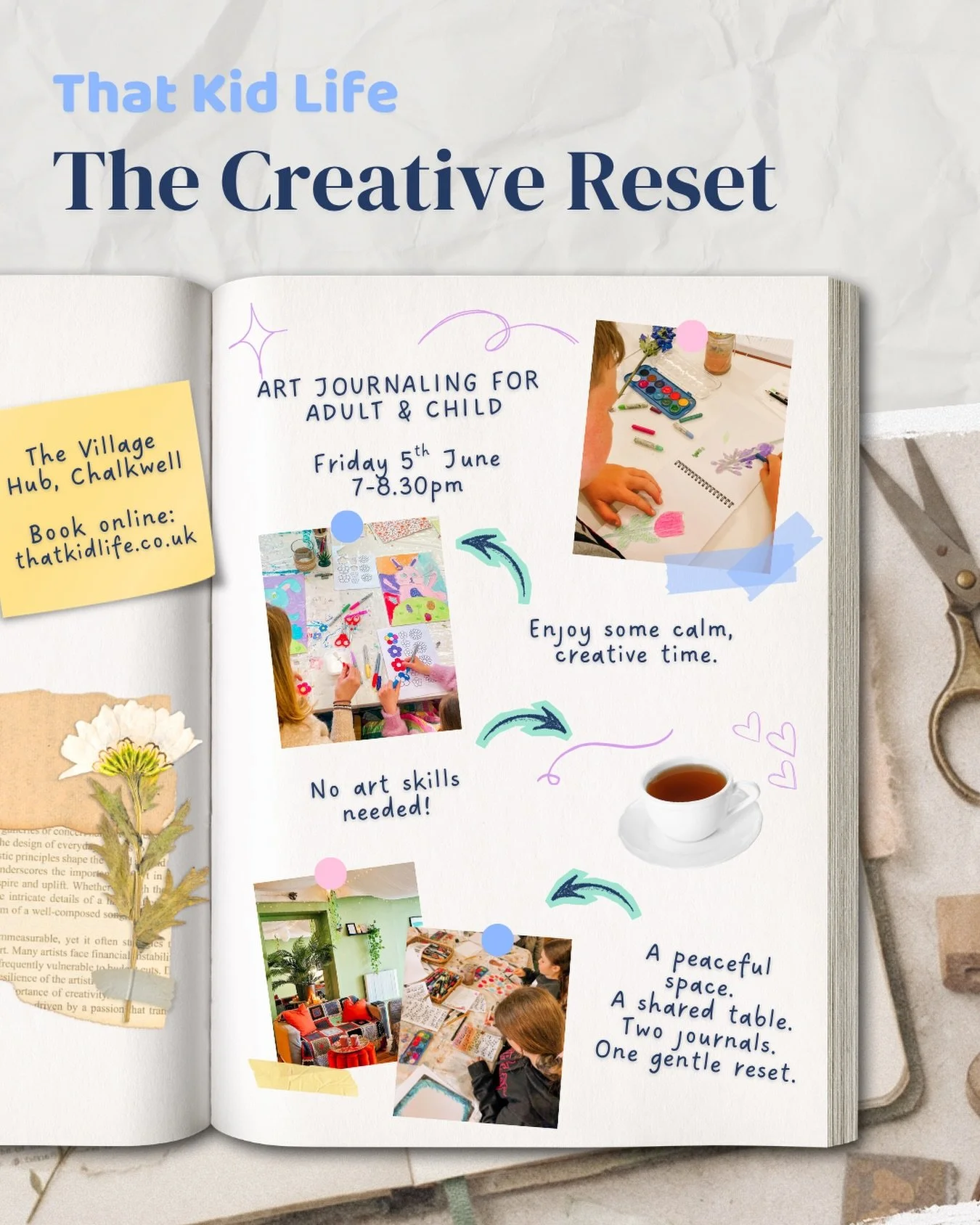 In the rush of school runs and work weeks, finding a moment of true stillness can be hard. The Creative Reset is a curated art journaling session designed for children (aged 8+) and their adult to reconnect through colour, texture and quiet conversat