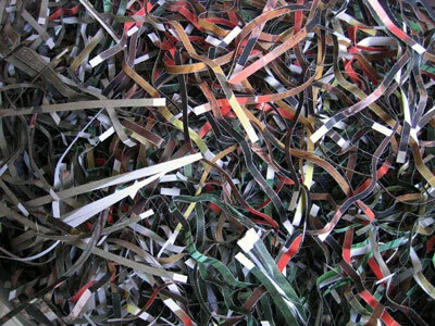 It's Safe To Open Your Eyes Now, Pt 1: Mixed Media Installation with Shredded Photos from US Army internal investigation of Abu Ghraib. [Visible Collective/Mohaiemen]