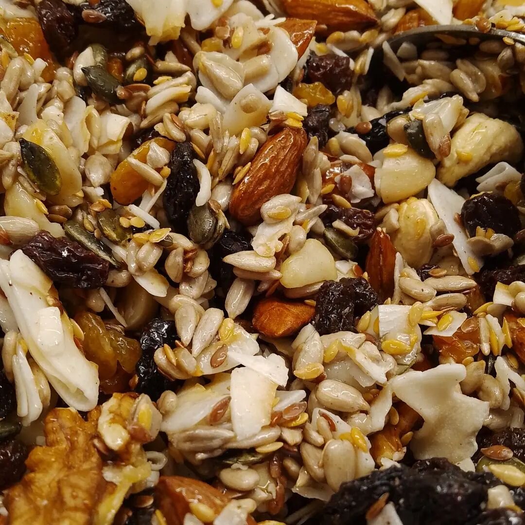 A curious thing to photograph, but just making the granola for the Silver Cottage Bed and Breakfast morning continental breakfast table... lovely melange of fruit, seeds and nuts all bound together with honey from our own hives, just about to toast t