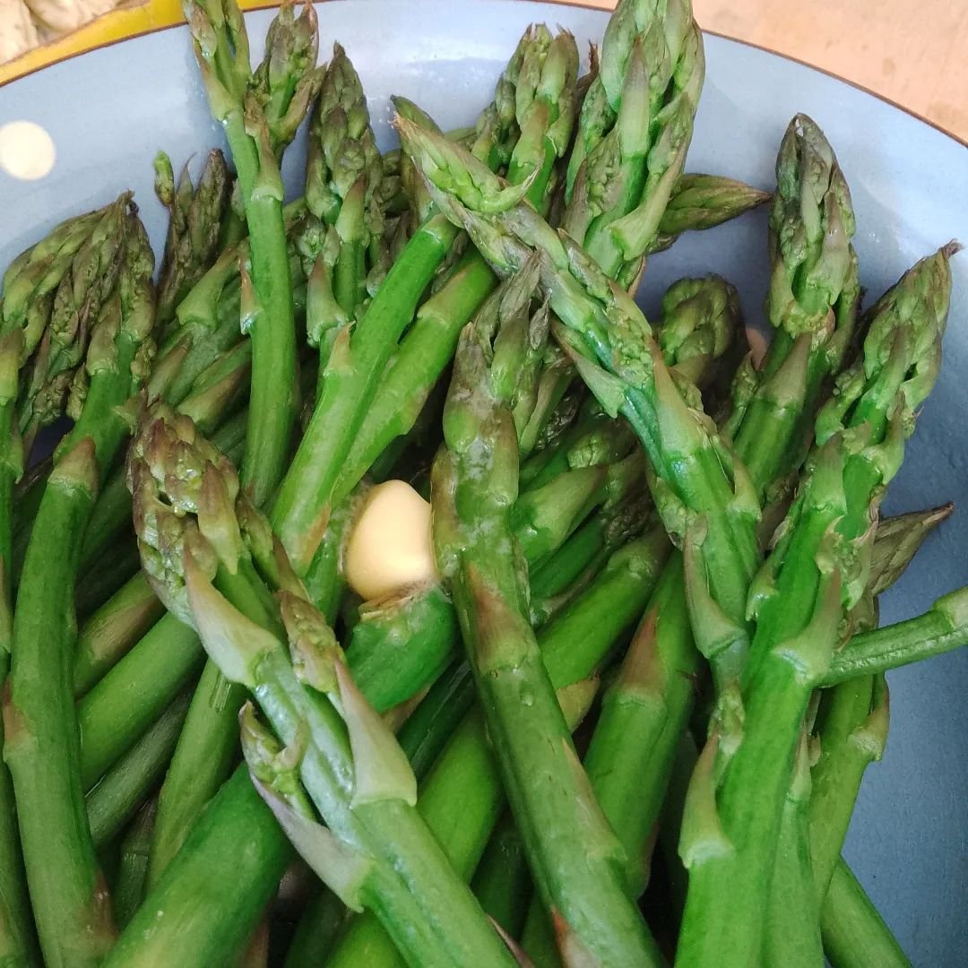 A bowl full of steamed local Hartnoll farm asparagus with lunch, heavenly spring! #silvercottagebraunton #brauntondevon