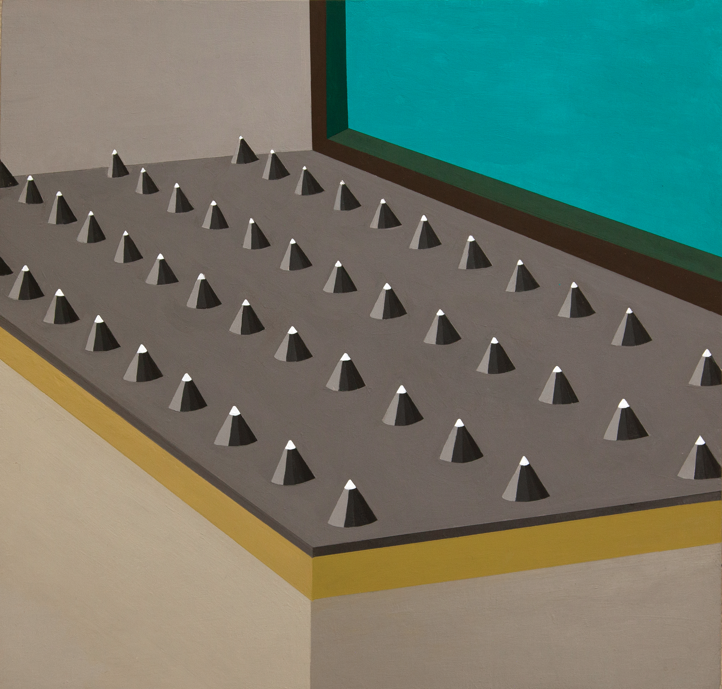 Hostile Architecture, 16 x 16 in., Acrylic on Cradled Panel, 2026