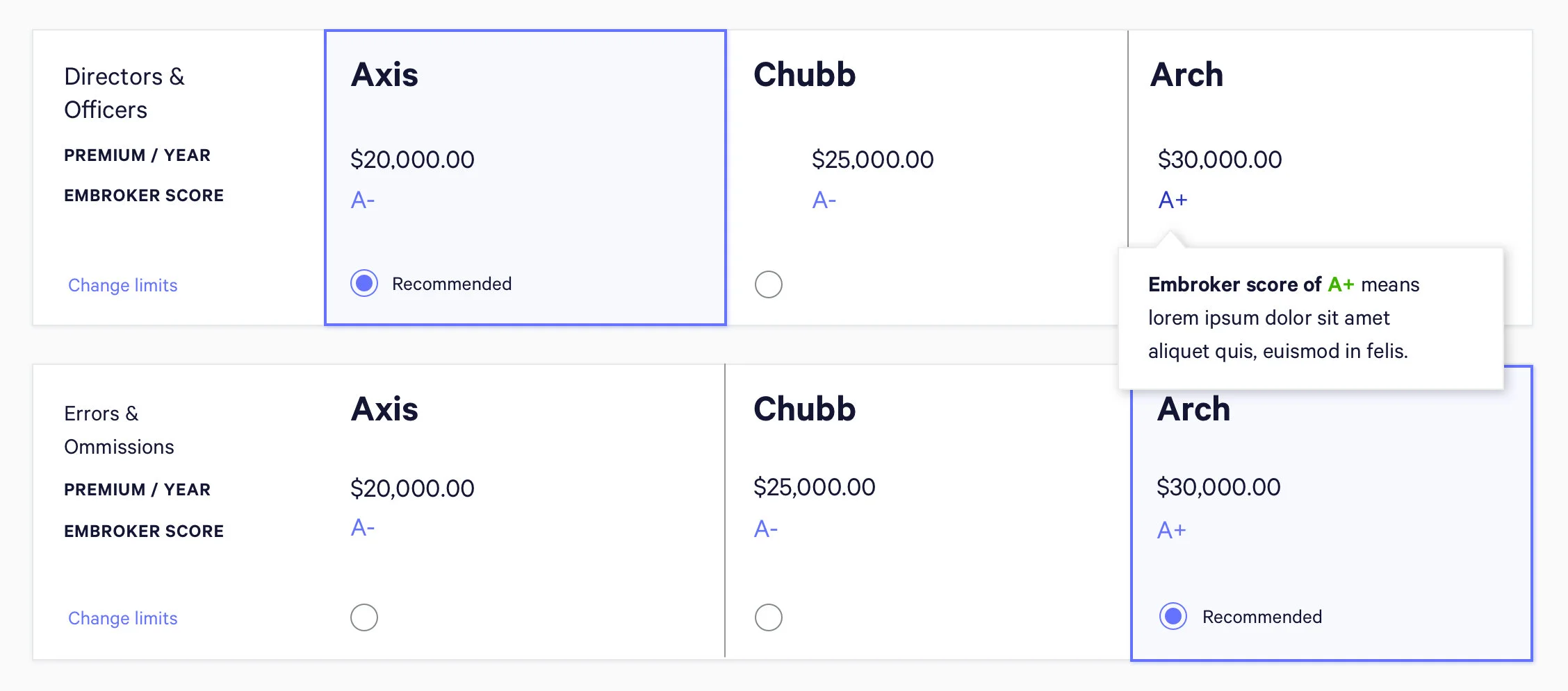 1. Coverage comparison sheet 2. Wires for Embroker Startup Program shopping experience 3. Sketches for comparing carriers
