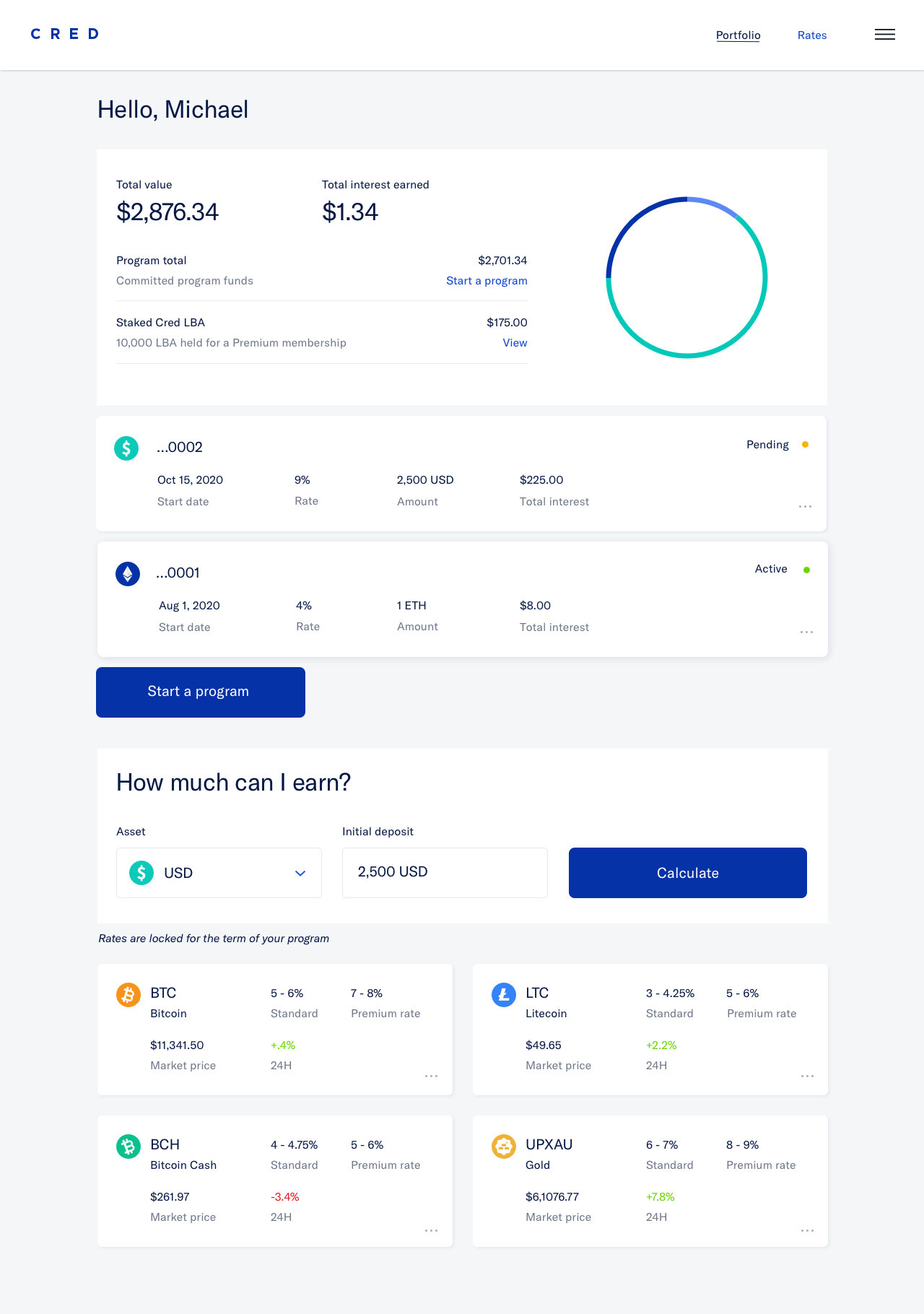 Expanded Dashboard concept on desktop;  Balances and programs are bundled for a quick view of totals
