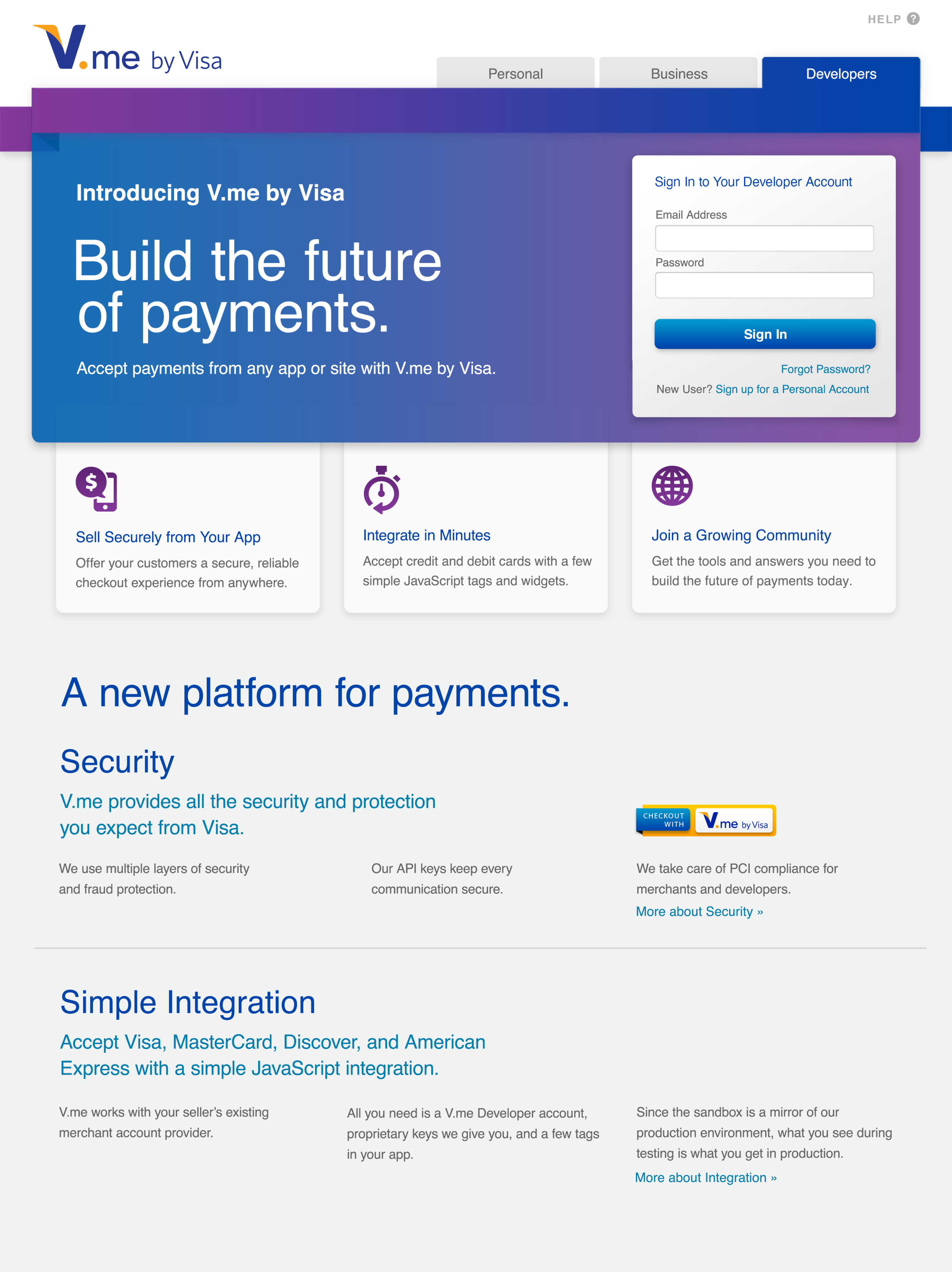 We designed the logo, marketing website, developer tools and visual assets for V.me