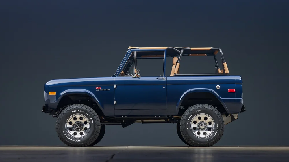 Blue Classic Bronco photographed in a studio