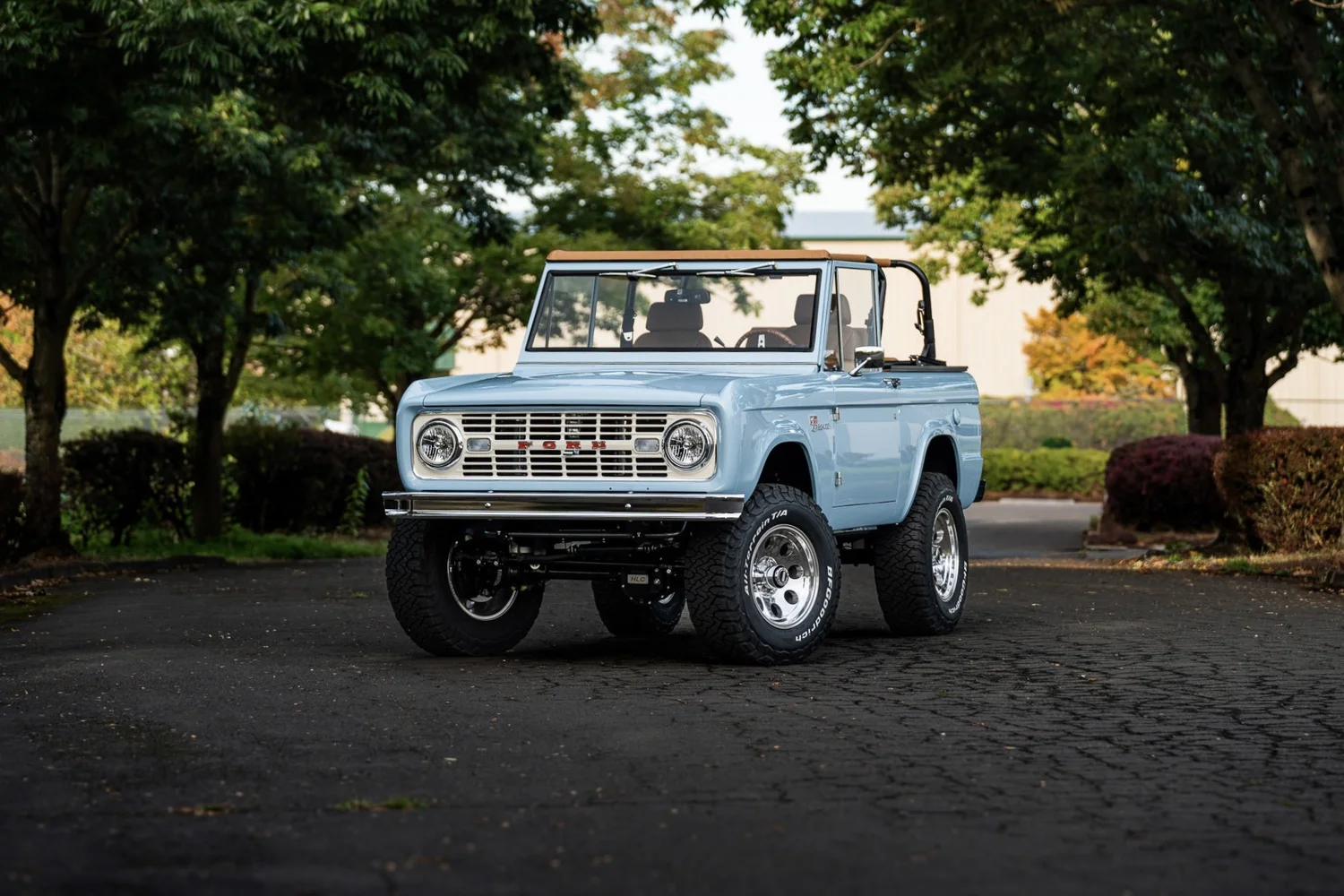 A light blue classic Ford Bronco restored by HighLine Classics.