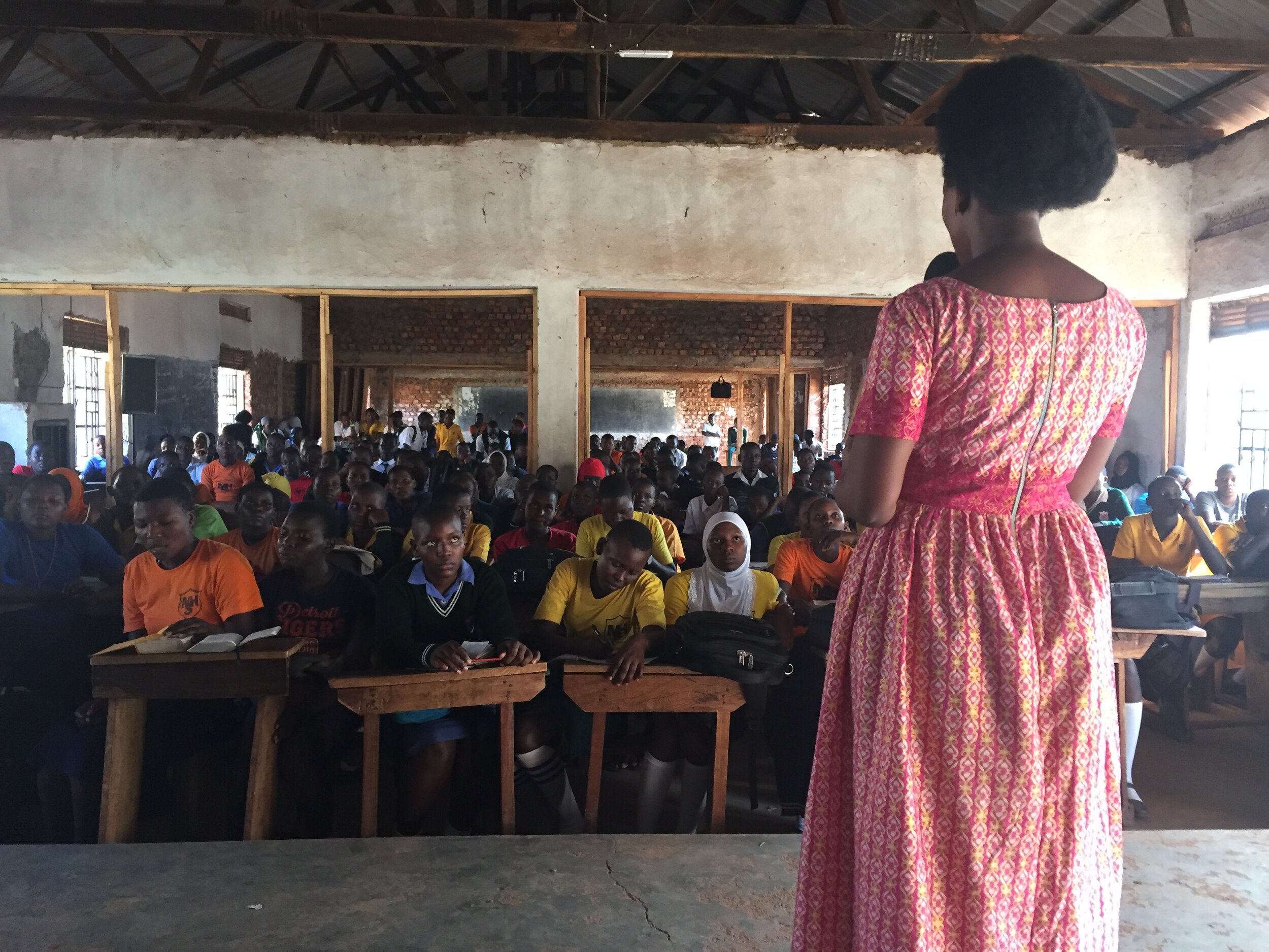 Jane speaking at a high school fellowship, Jinja, Uganda