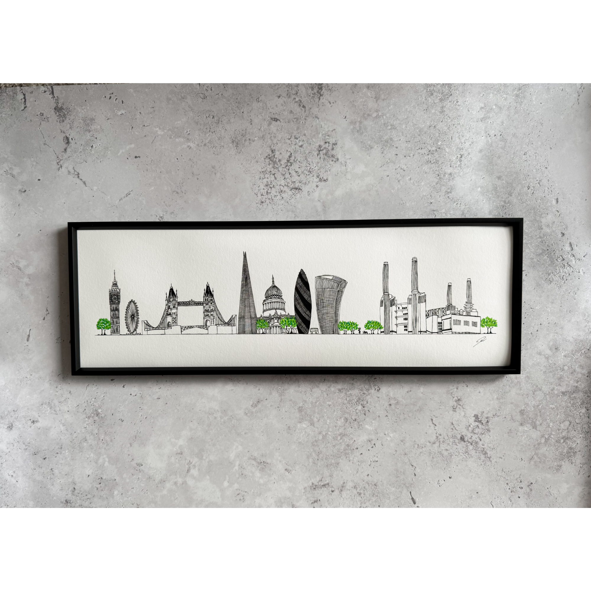 London, Hand-Painted Green Colour Pop - Skyline Print