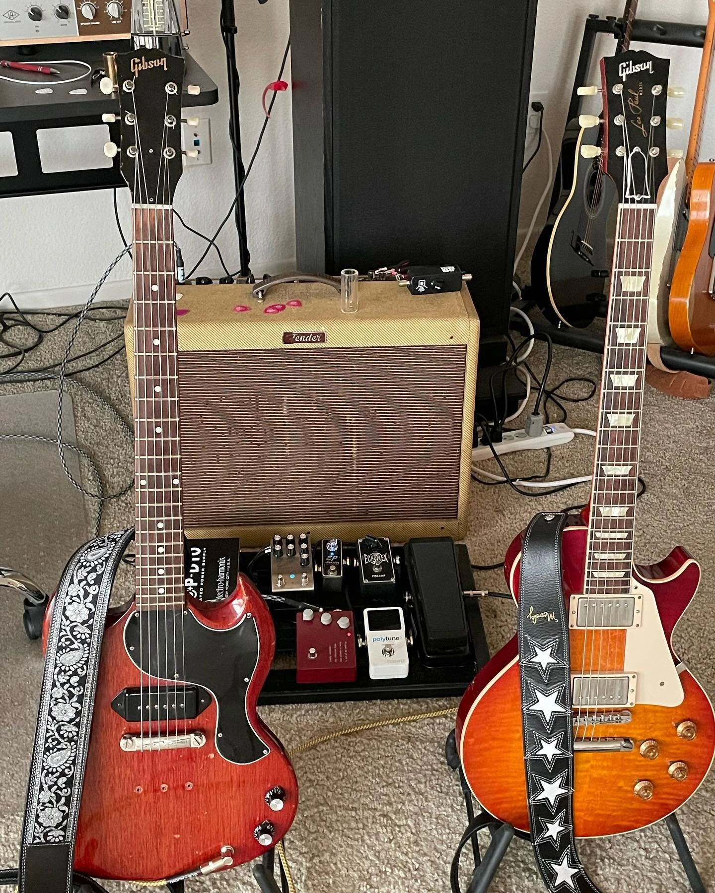 Number #1 and #2 &lsquo;64 SG junior and a &lsquo;58 Wildwood Spec.  The pups in these thangs are so vintage sounding.  @classicrockrebels #ledzeppelin #thedoors #therollingstones #fenderamps #moodyleather #losangeles #livemusic #rockandroll