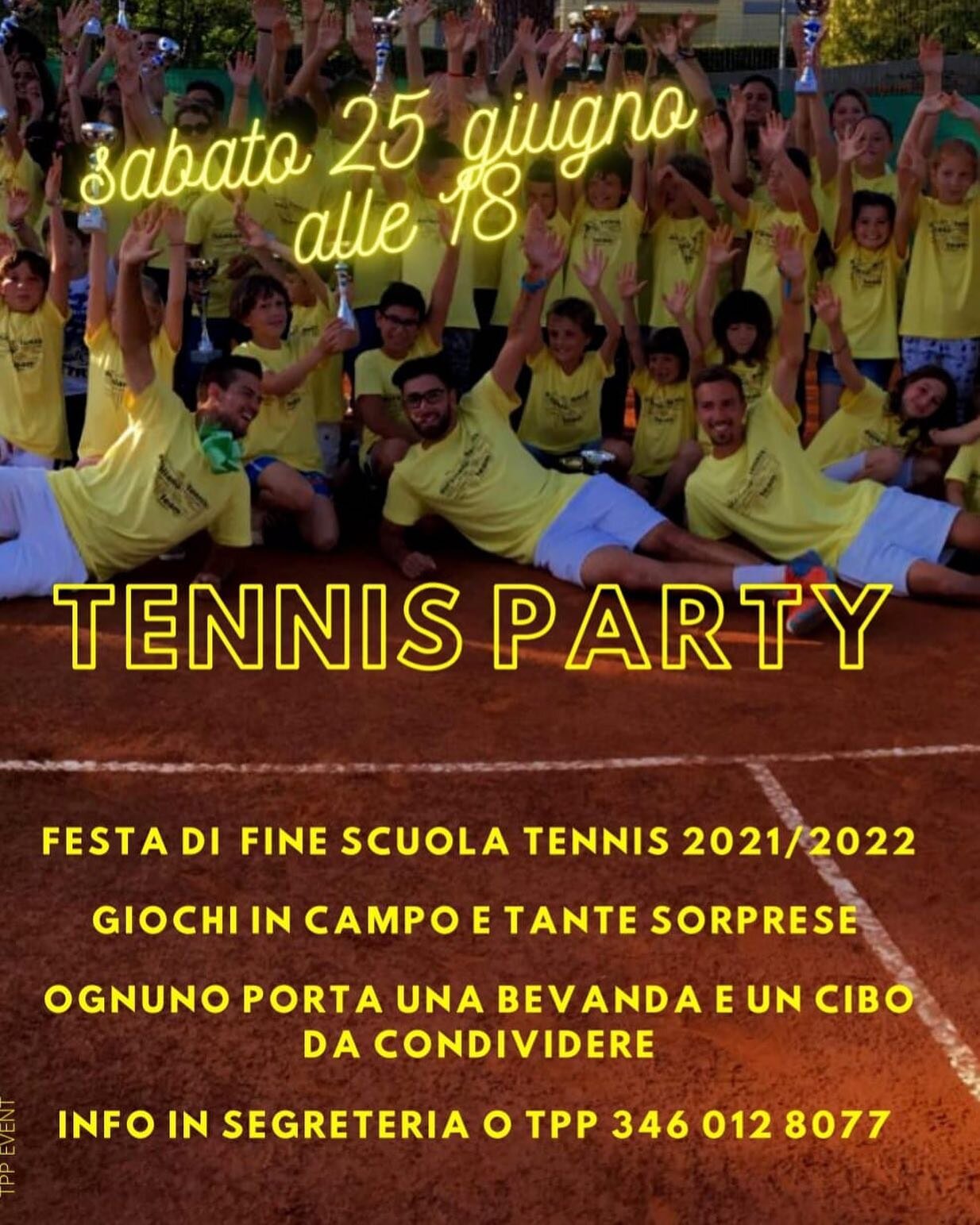 Sabato 25 giugno alle 18 al Tennis Club Sporting . Festa di Fine Scuola Tennis stagione invernale. 
Non mancate!