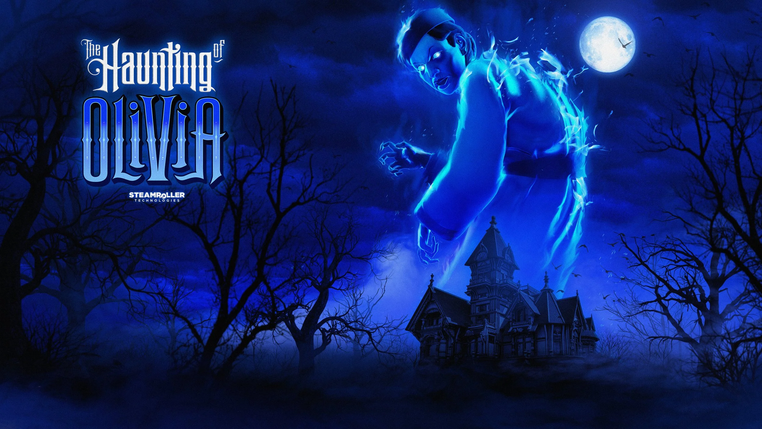 Experience Poster with Blue Ghost and "The Haunting of Olivia" logo text