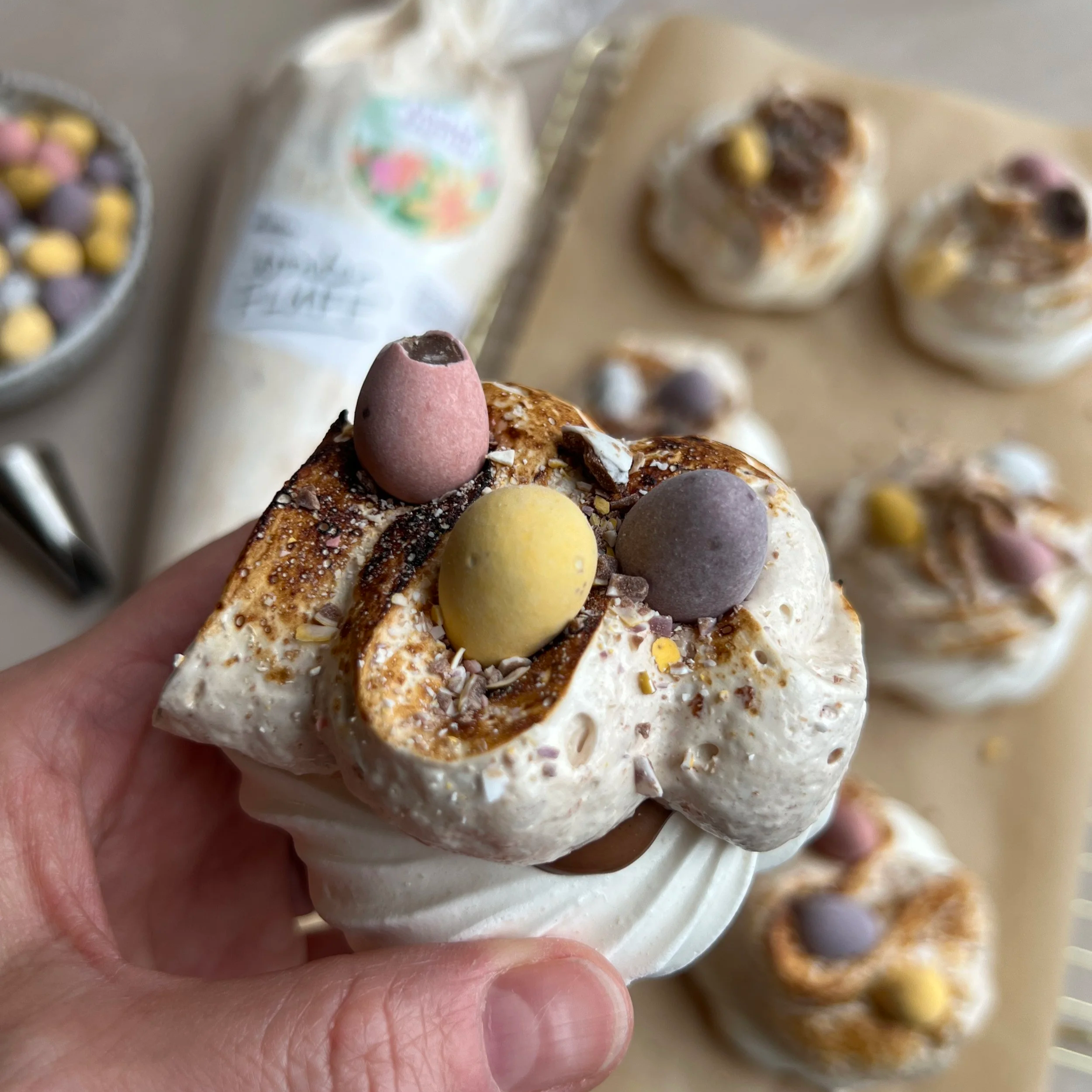 Hand+holding+a+meringue+nest+topped+with+chocolate+and+toasted+mini+eggs+wonder+fluff+.png