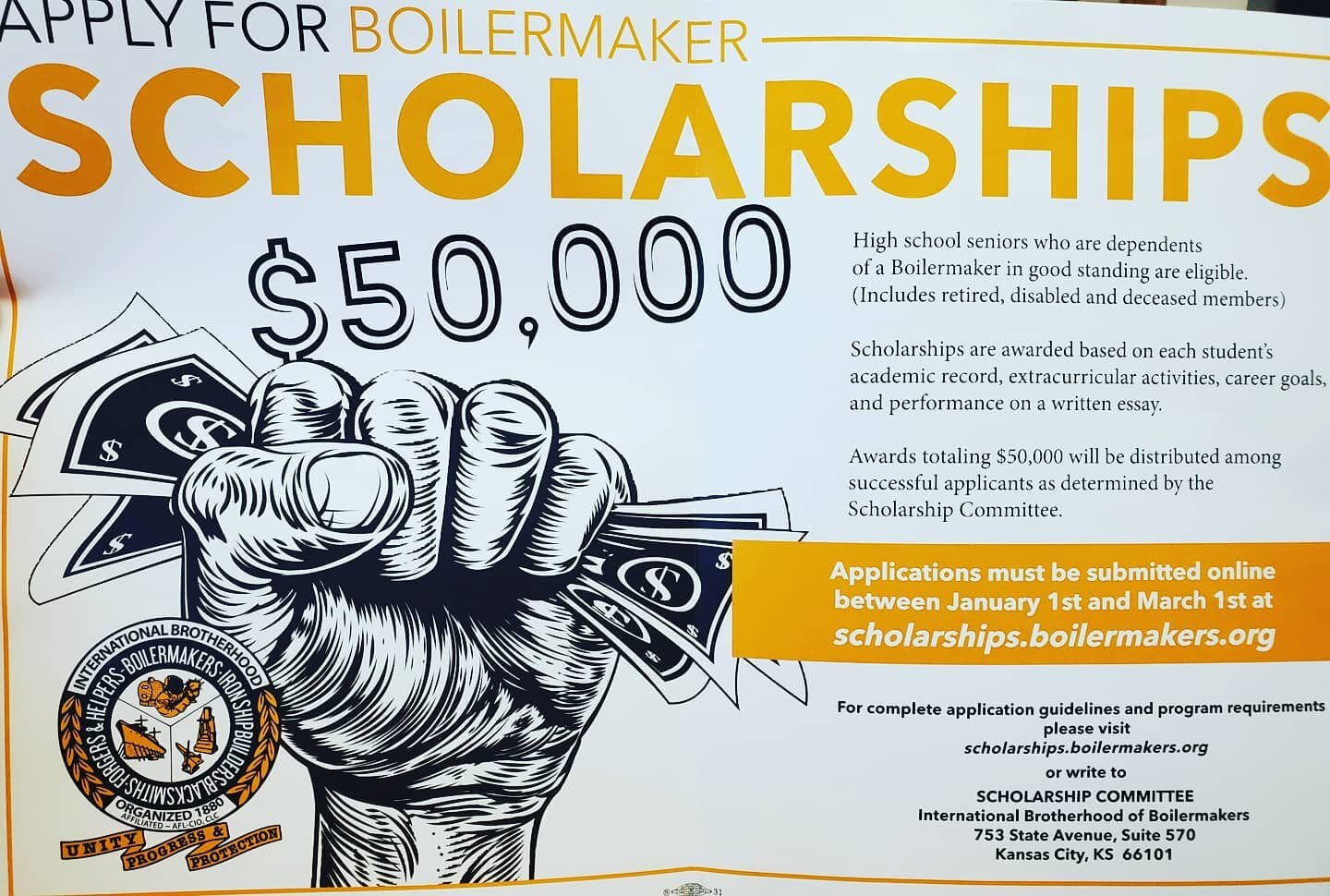 Appy for Boilermaker Scholarships, ends March 1st 2021. Go to scholarships.boilermakers.org. info in flyer.
